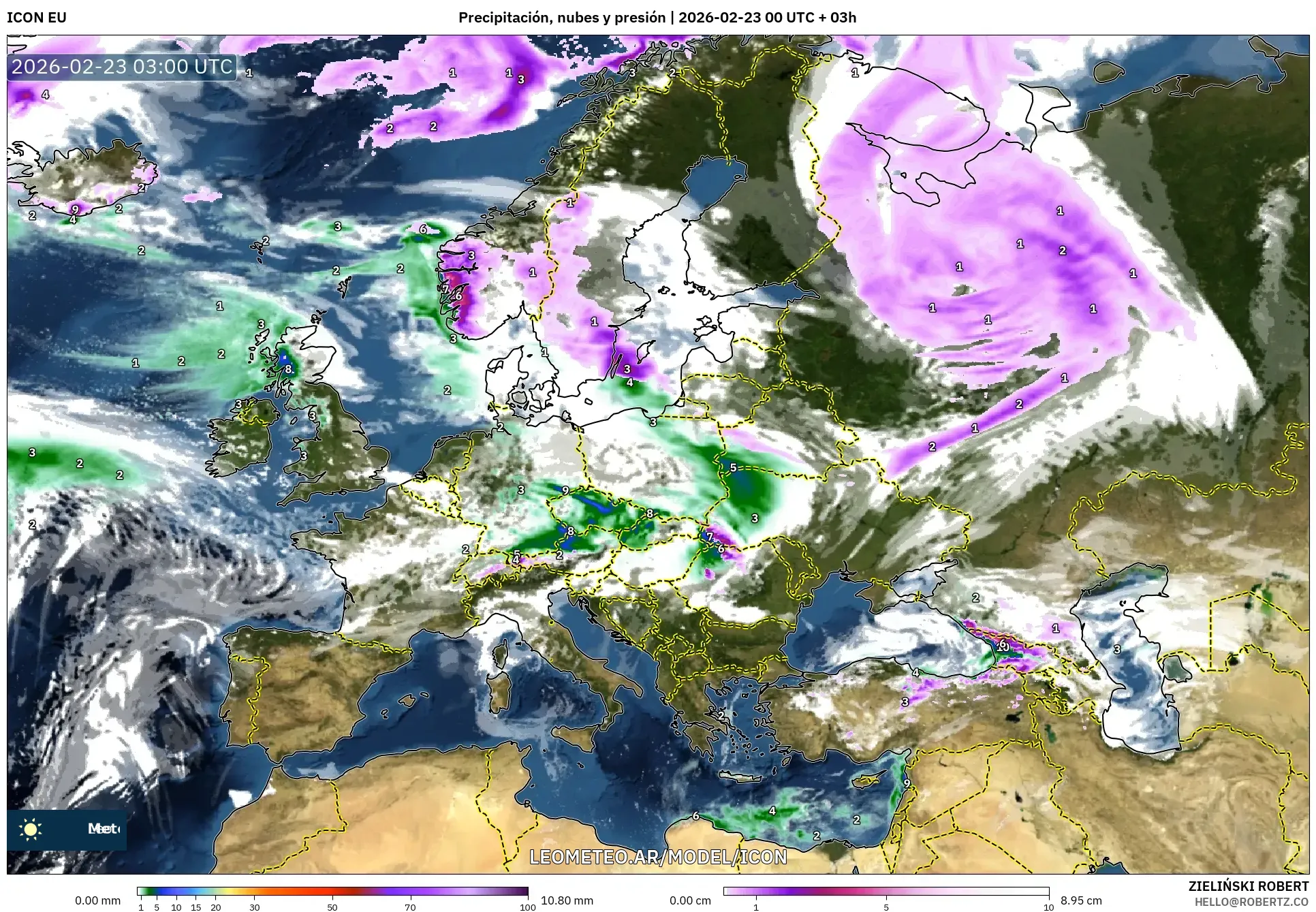 ICON model - Europa, Opady, chmury i ciśnienie
