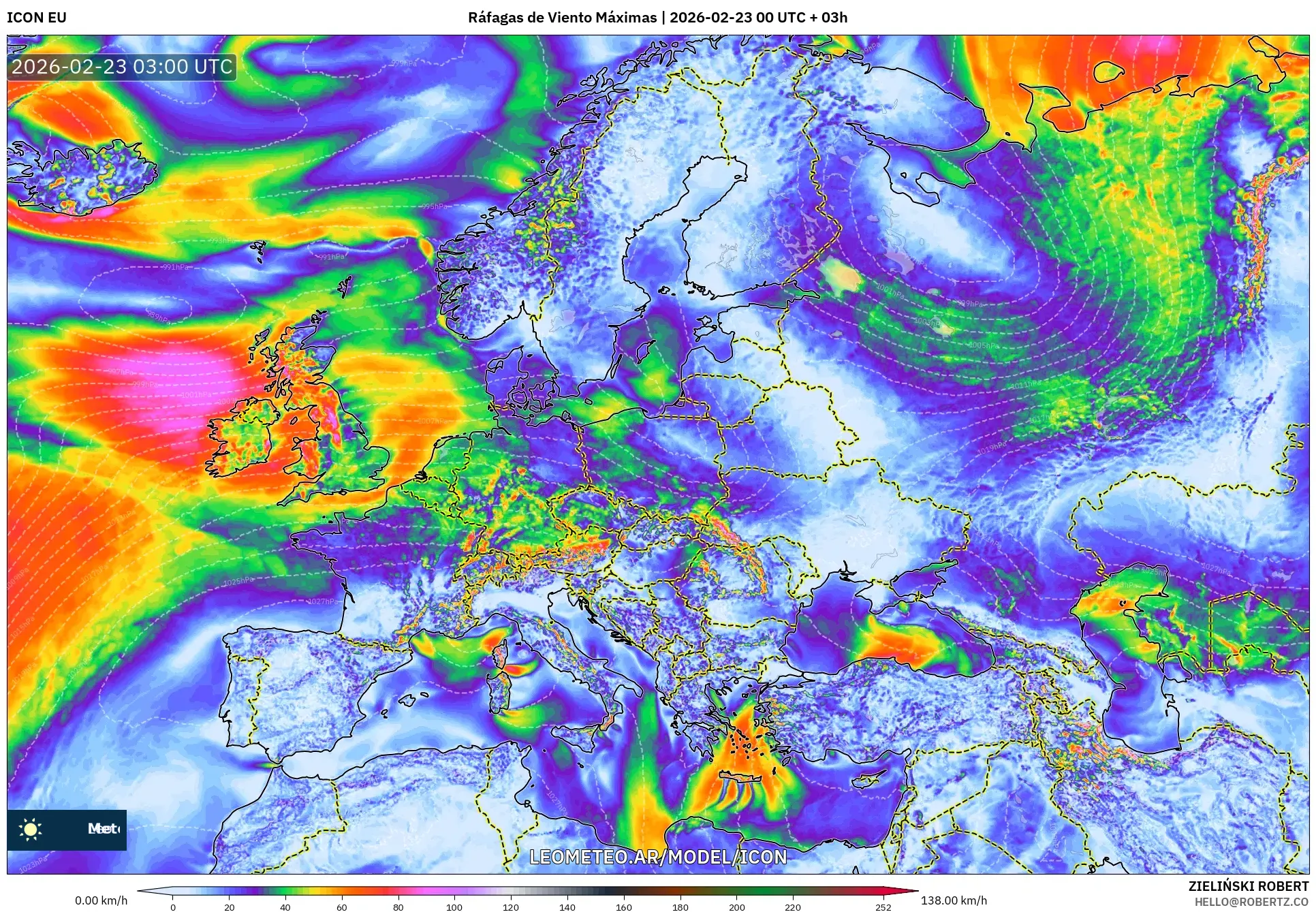 ICON model - Europa, Maksymalne Porywy Wiatru