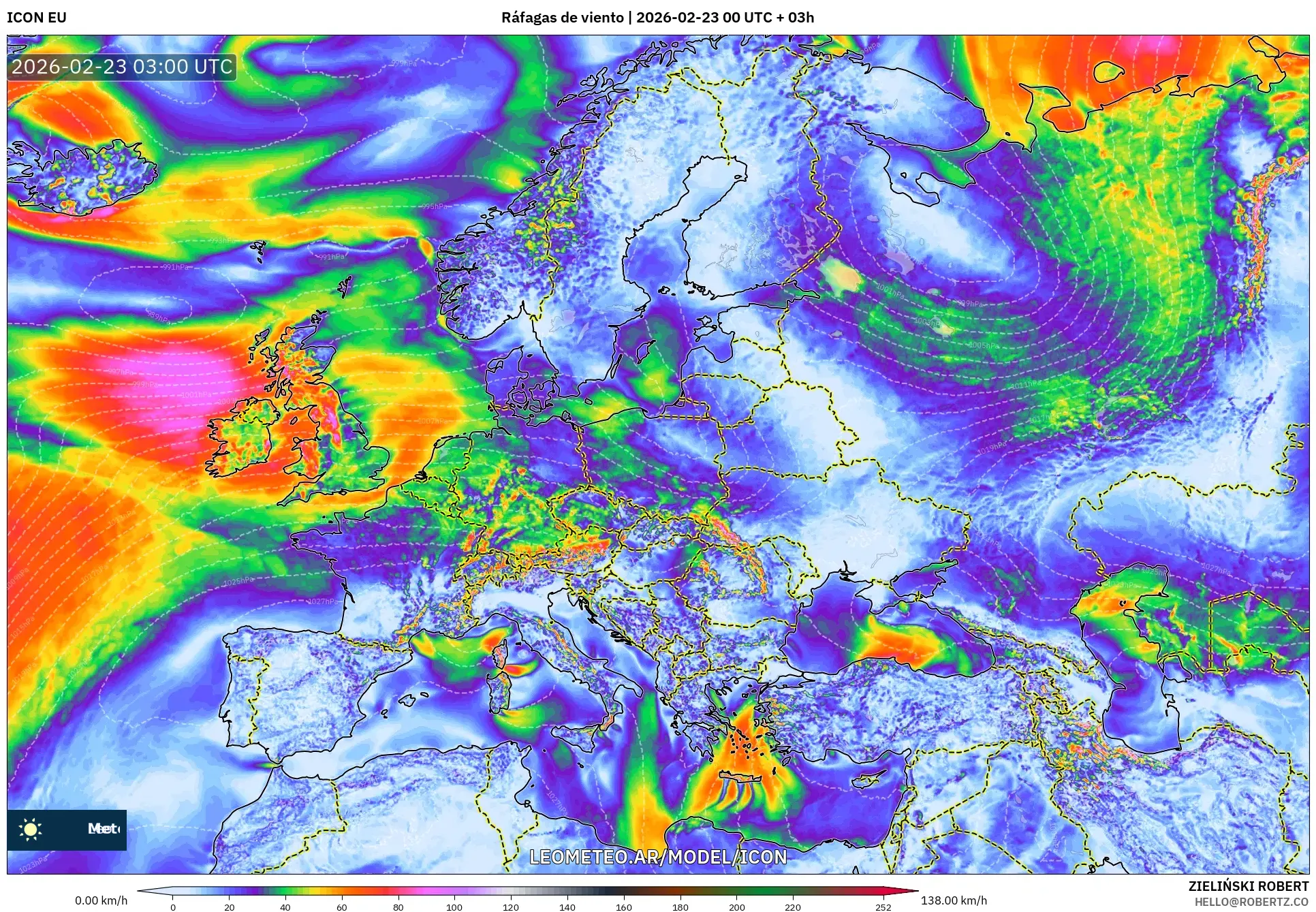 ICON model - Europa, Porywy wiatru
