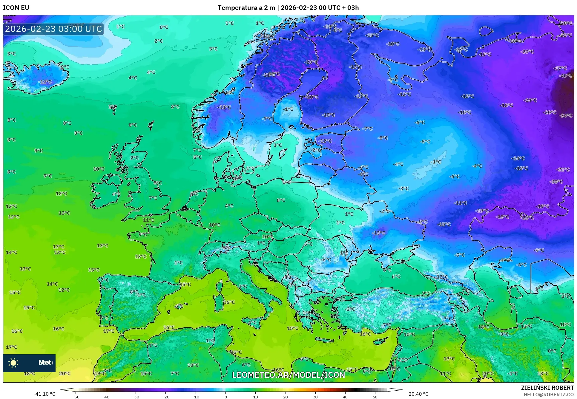 ICON model - Europa, Temperatura na 2 m