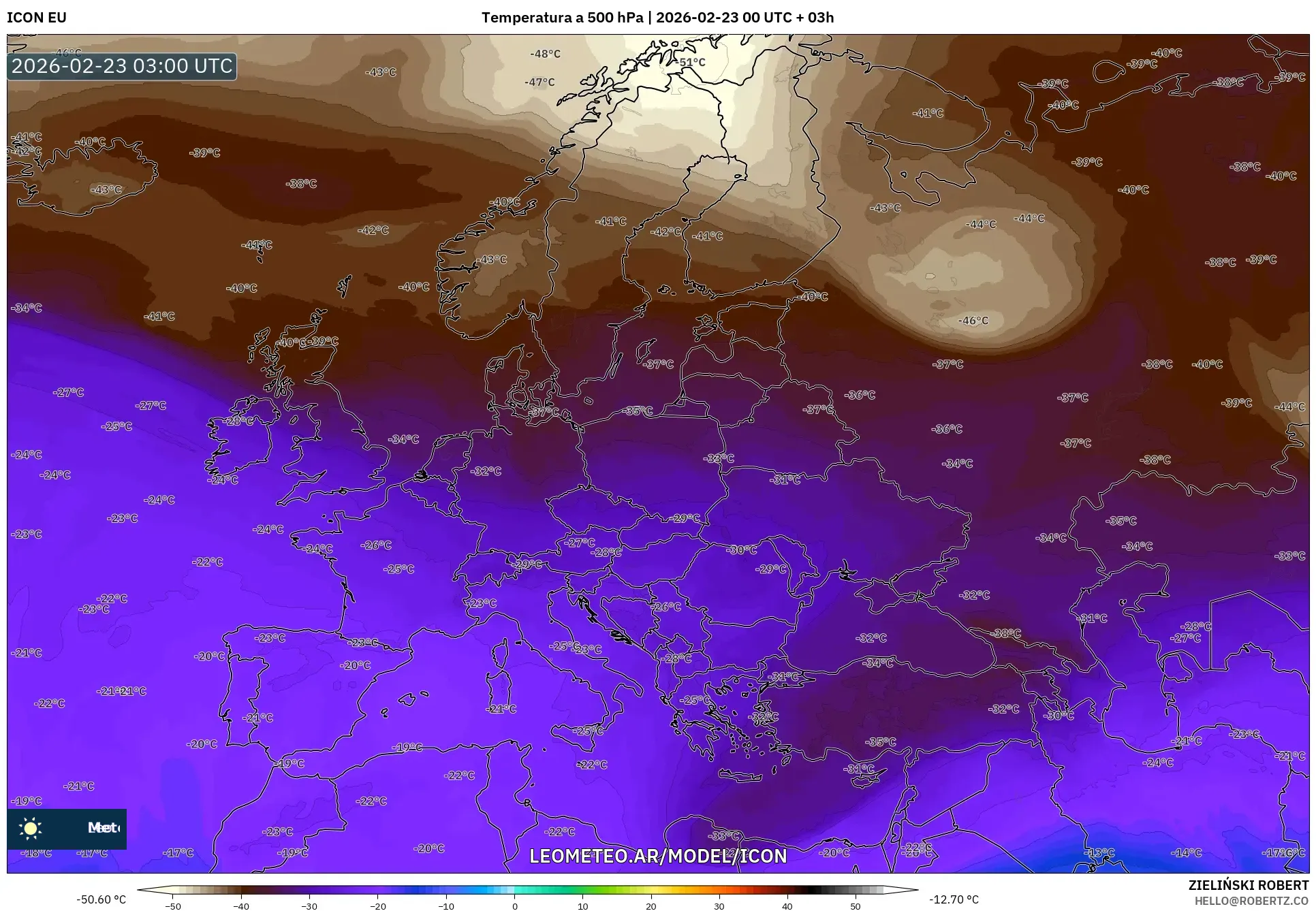 ICON model - Europa, Temperatura na 500 hPa