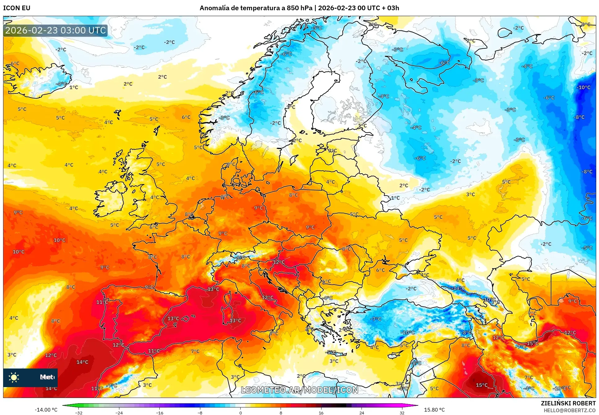 ICON model - Europa, Anomalia temperatury na 850 hPa