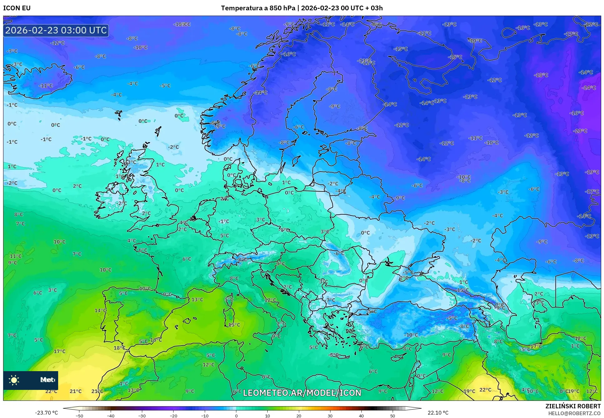 ICON model - Europa, Temperatura na 850 hPa