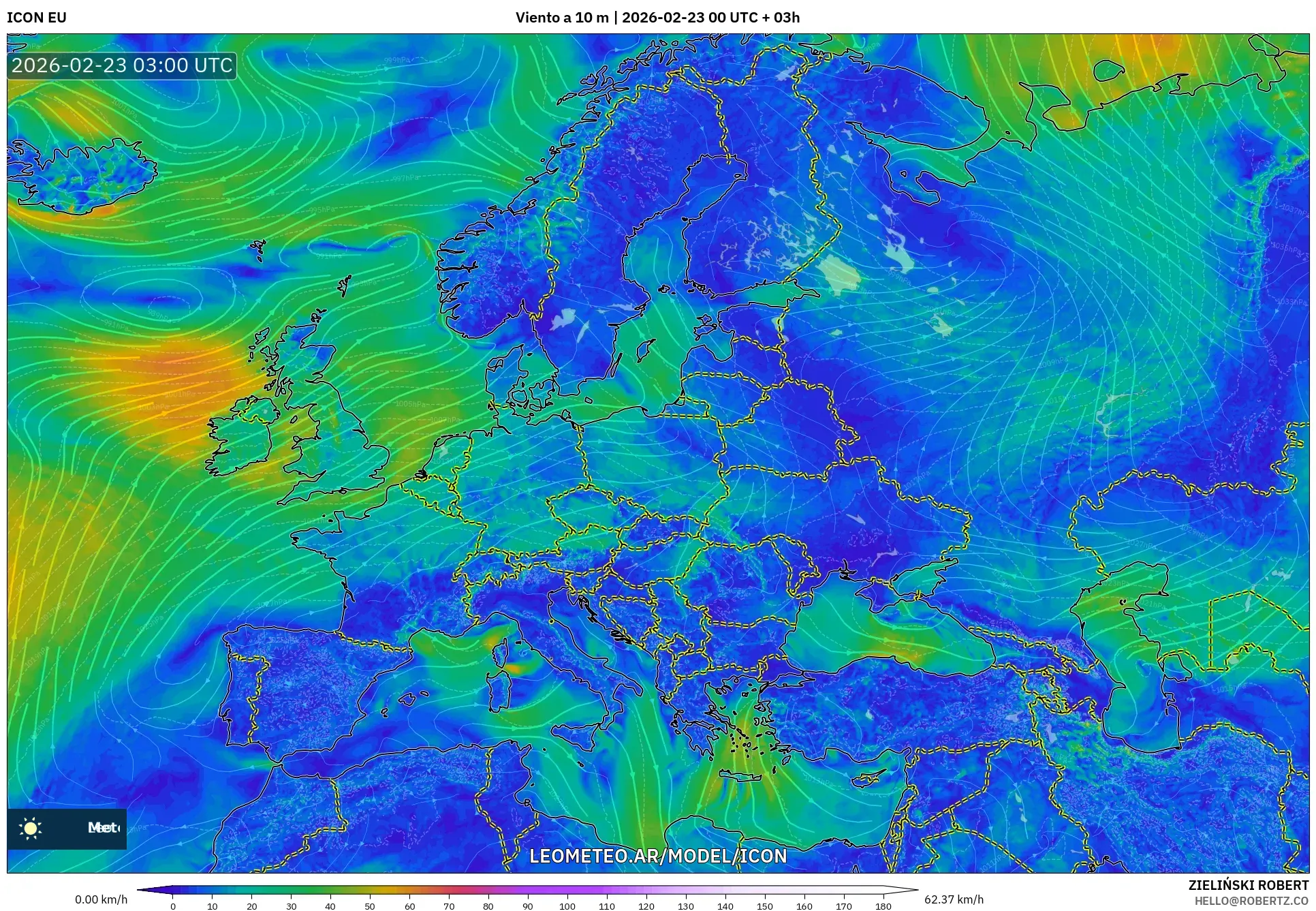 ICON model - Europa, Wiatr na 10 m