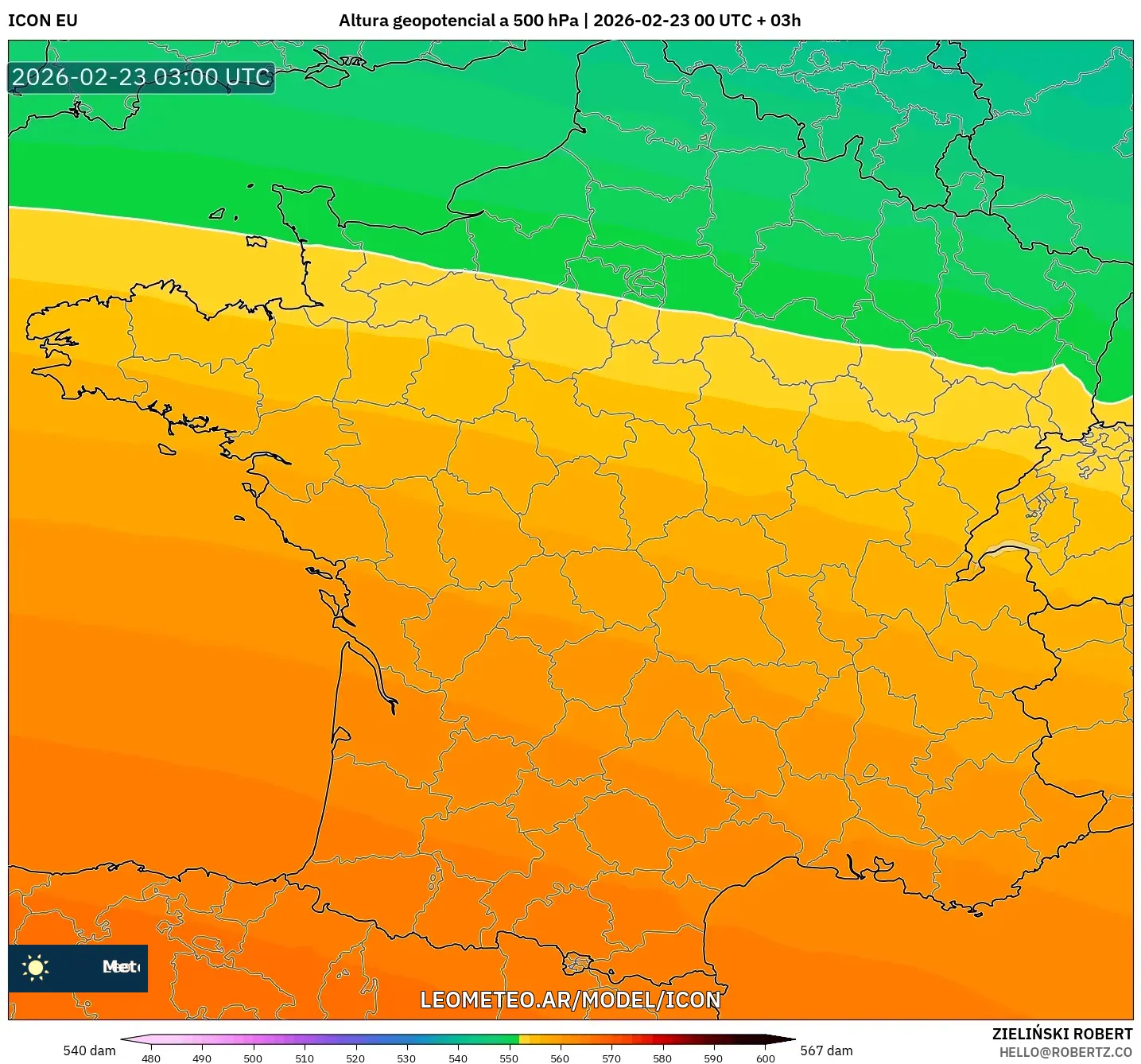 ICON model - Francja, Wysokość geopotencjalna na poziomie 500 hPa