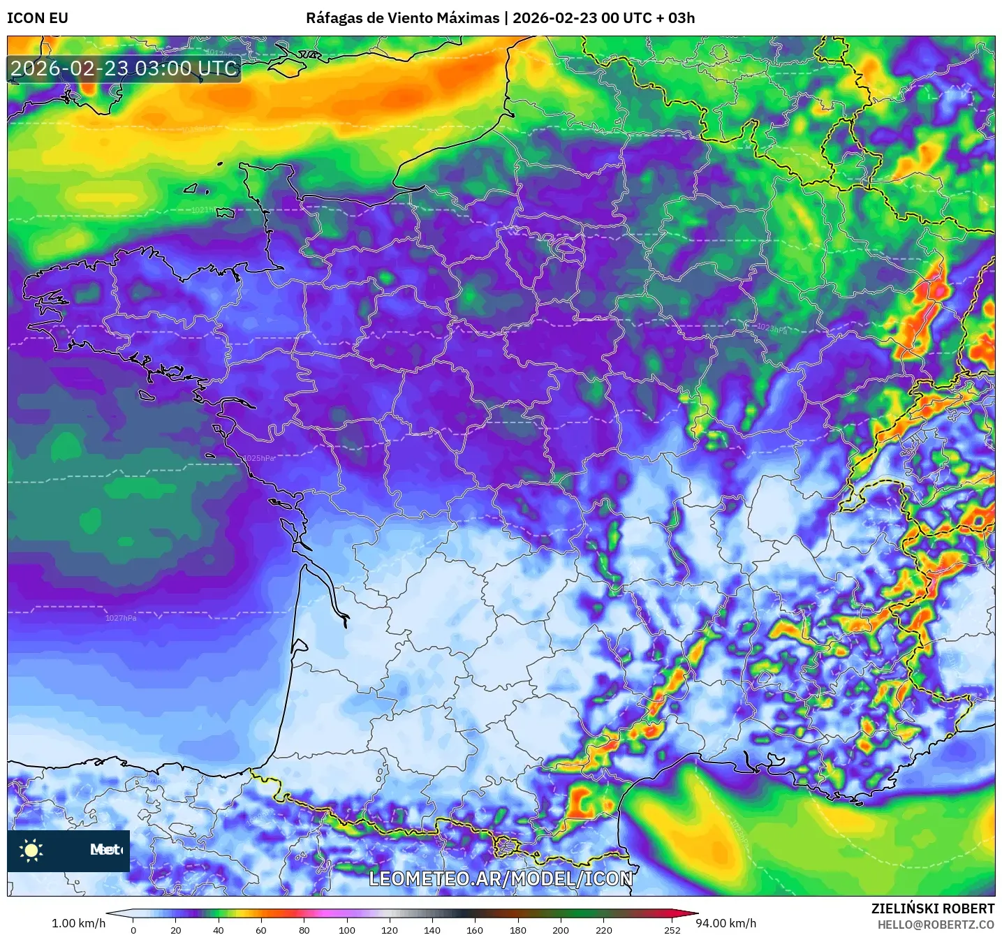 ICON model - Francja, Maksymalne Porywy Wiatru