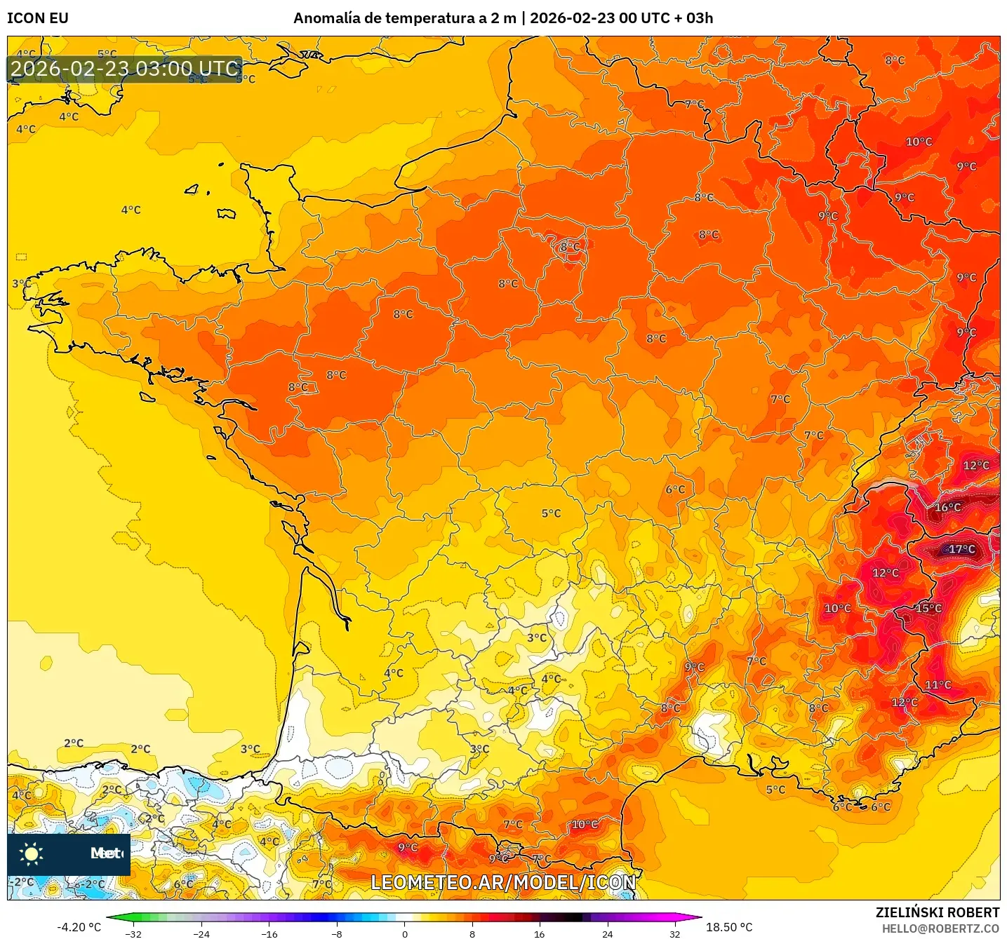ICON model - Francja, Anomalia temperatury na 2 m