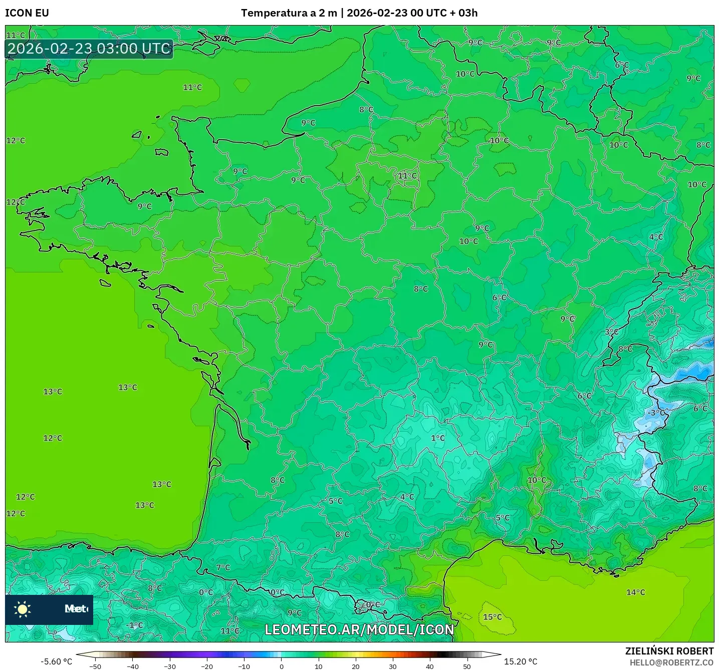 ICON model - Francja, Temperatura na 2 m