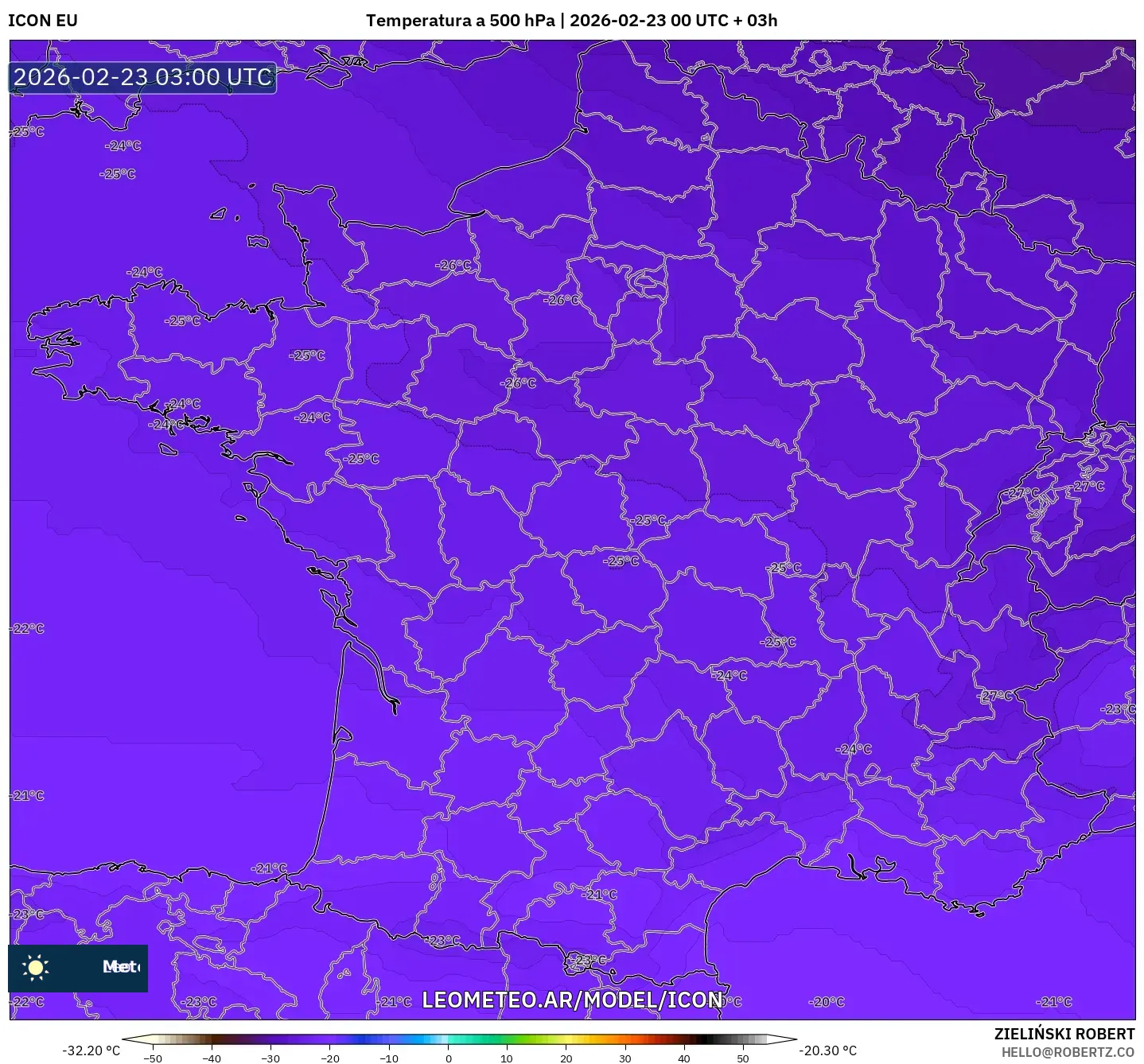 ICON model - Francja, Temperatura na 500 hPa