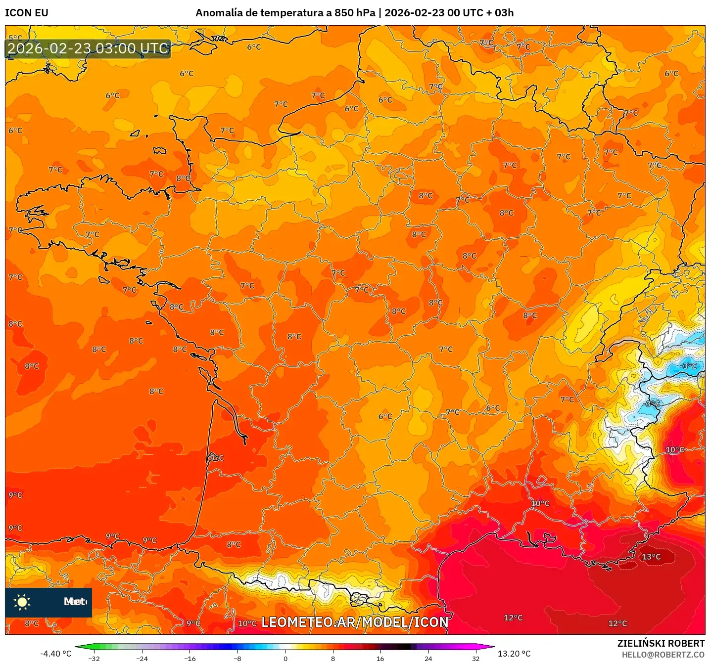 ICON model - Francja, Anomalia temperatury na 850 hPa