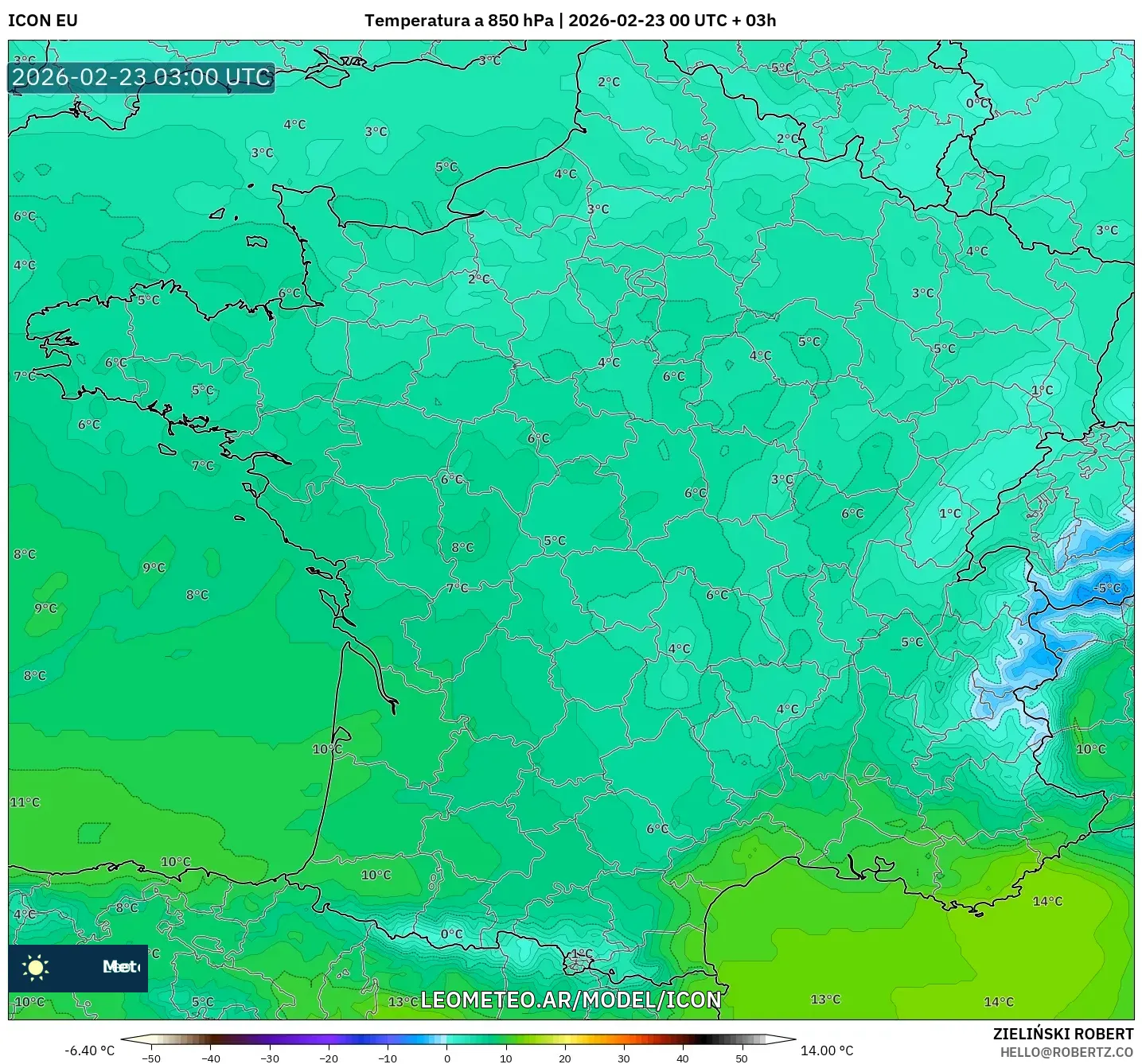 ICON model - Francja, Temperatura na 850 hPa