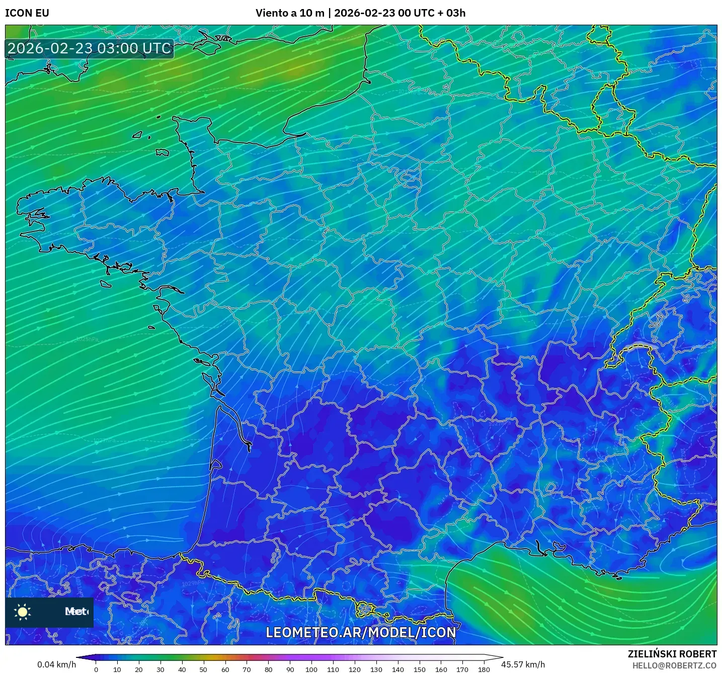 ICON model - Francja, Wiatr na 10 m