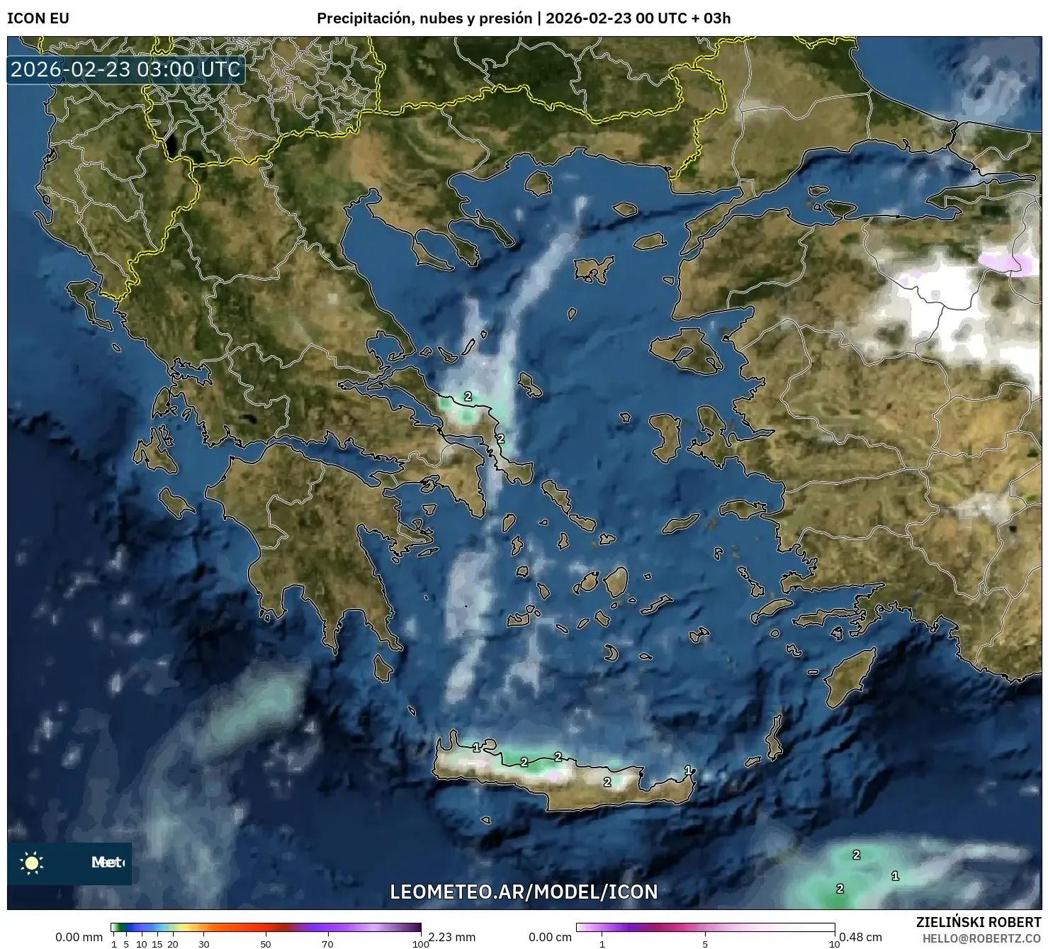 ICON model - Grecja, Opady, chmury i ciśnienie