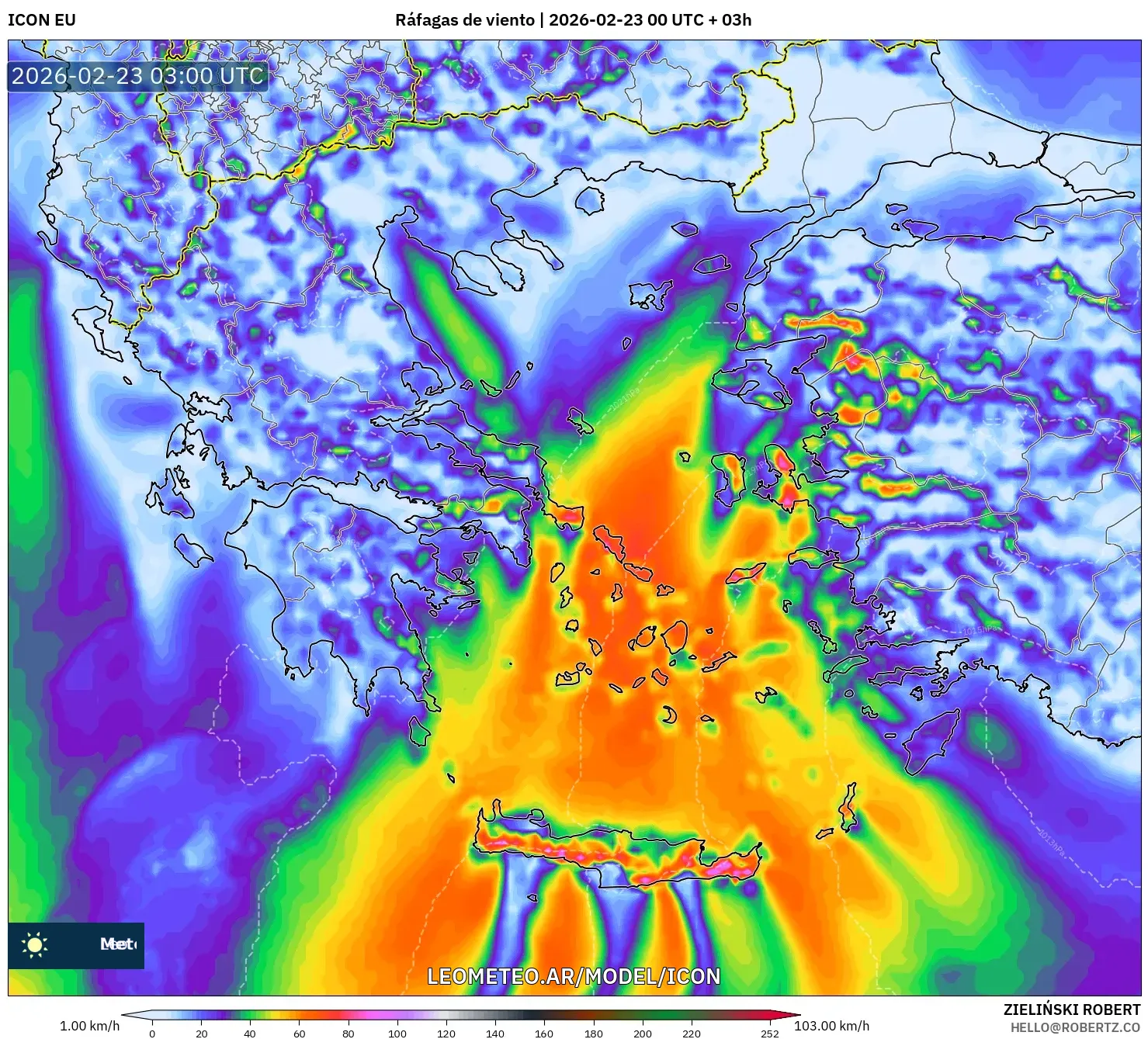 ICON model - Grecja, Porywy wiatru