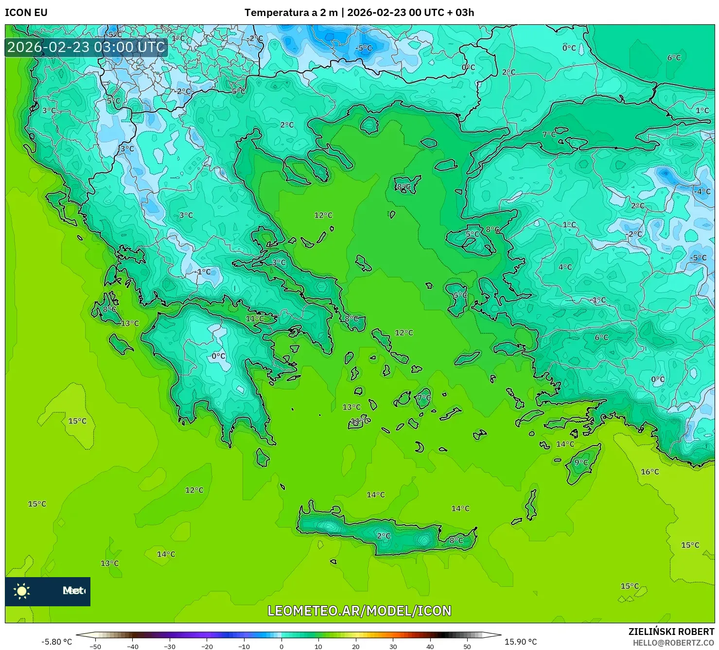 ICON model - Grecja, Temperatura na 2 m