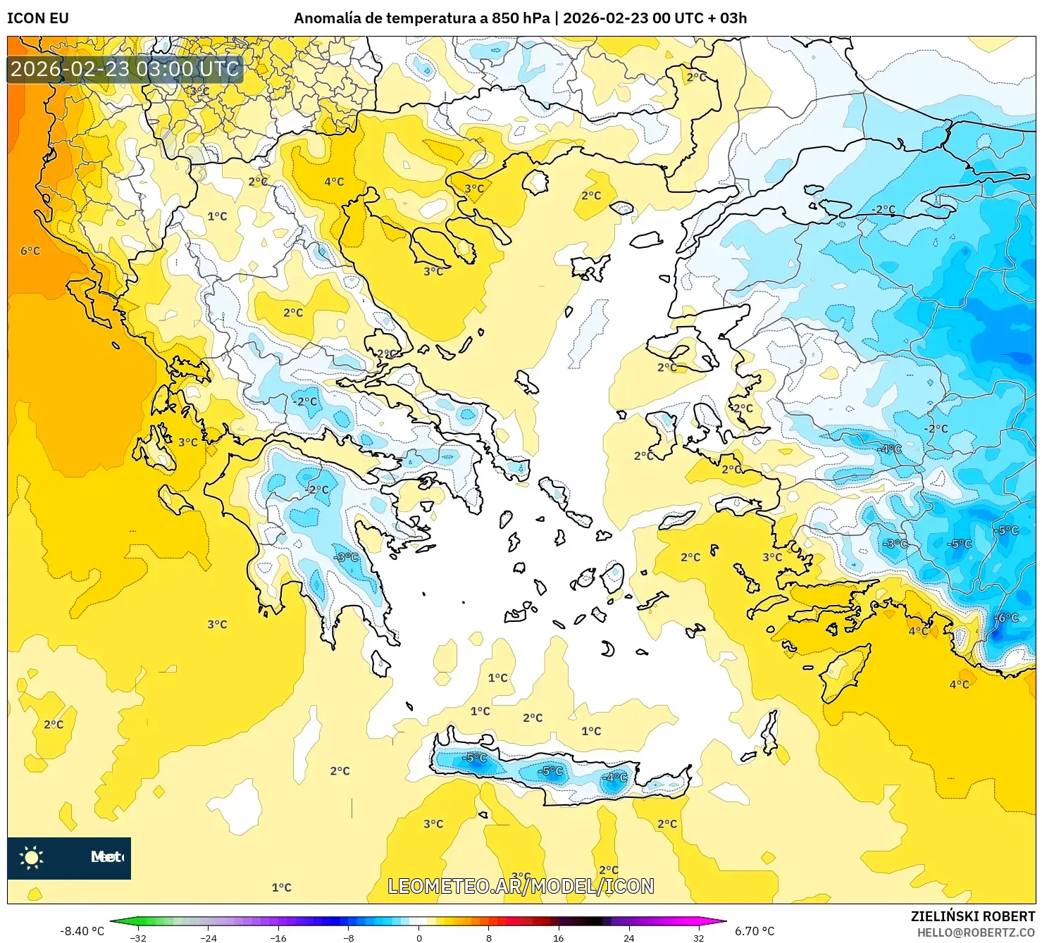 ICON model - Grecja, Anomalia temperatury na 850 hPa