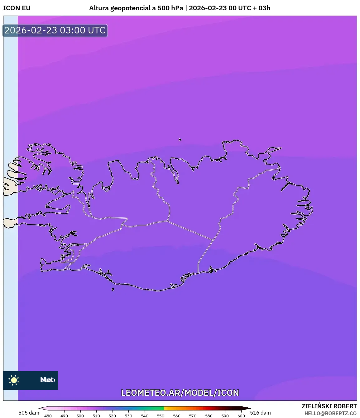 ICON model - Islandia, Wysokość geopotencjalna na poziomie 500 hPa