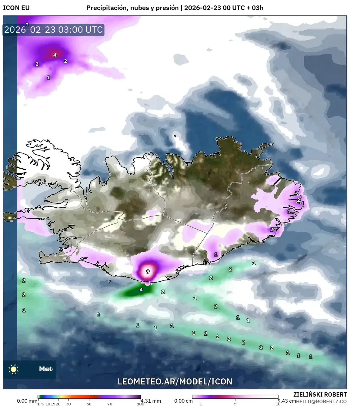 ICON model - Islandia, Opady, chmury i ciśnienie