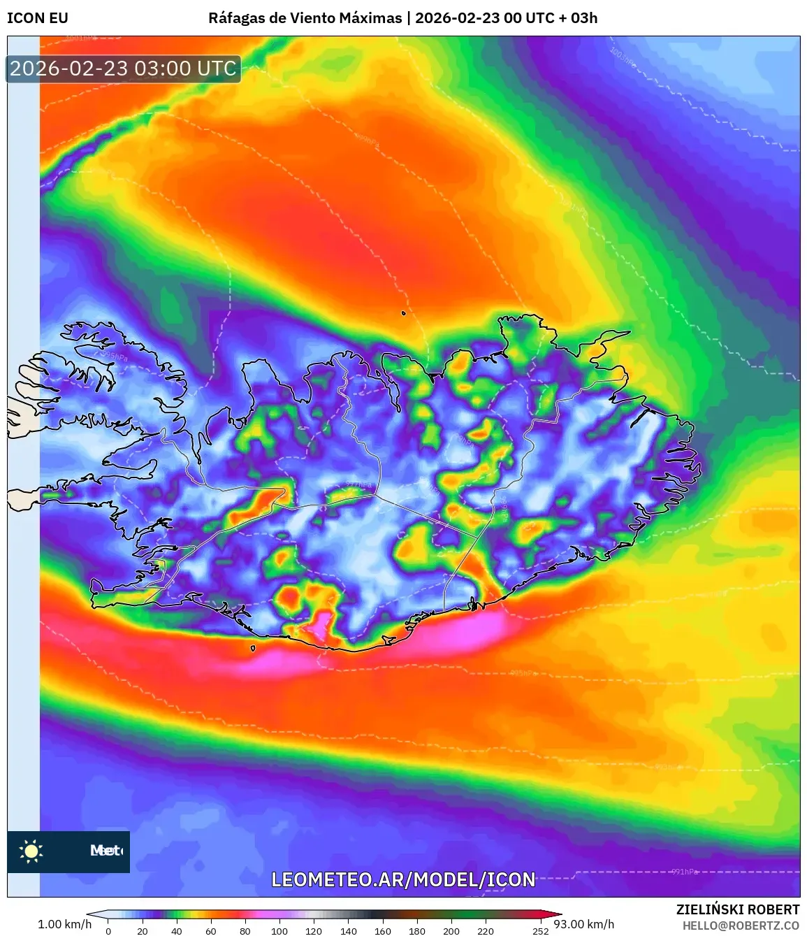 ICON model - Islandia, Maksymalne Porywy Wiatru