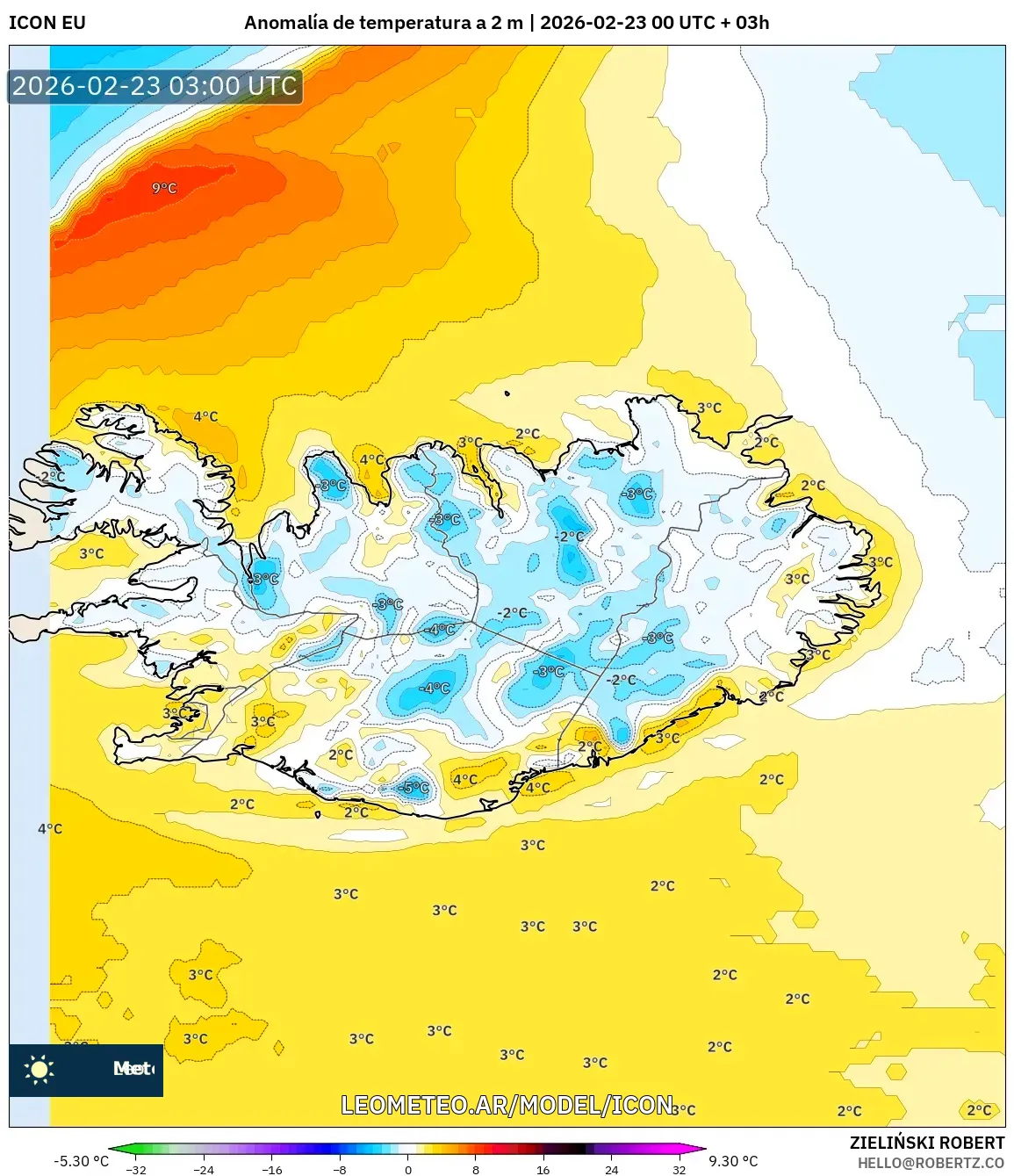 ICON model - Islandia, Anomalia temperatury na 2 m