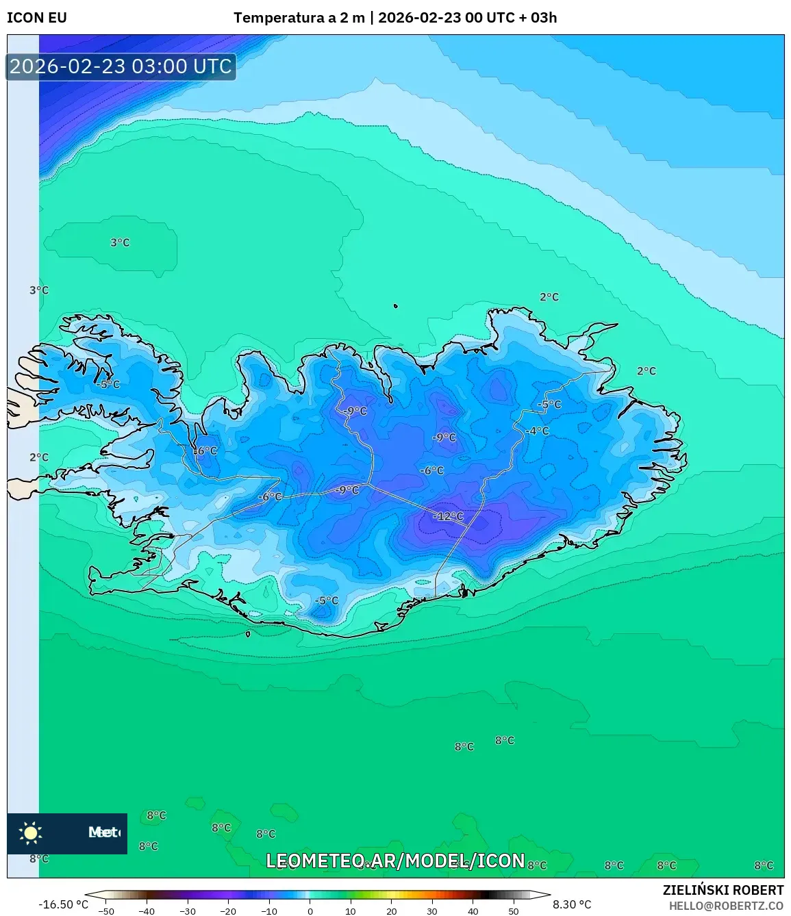 ICON model - Islandia, Temperatura na 2 m