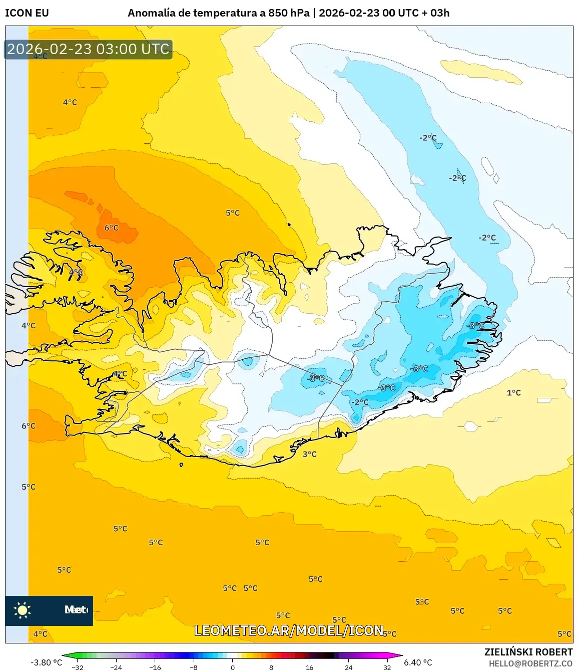 ICON model - Islandia, Anomalia temperatury na 850 hPa