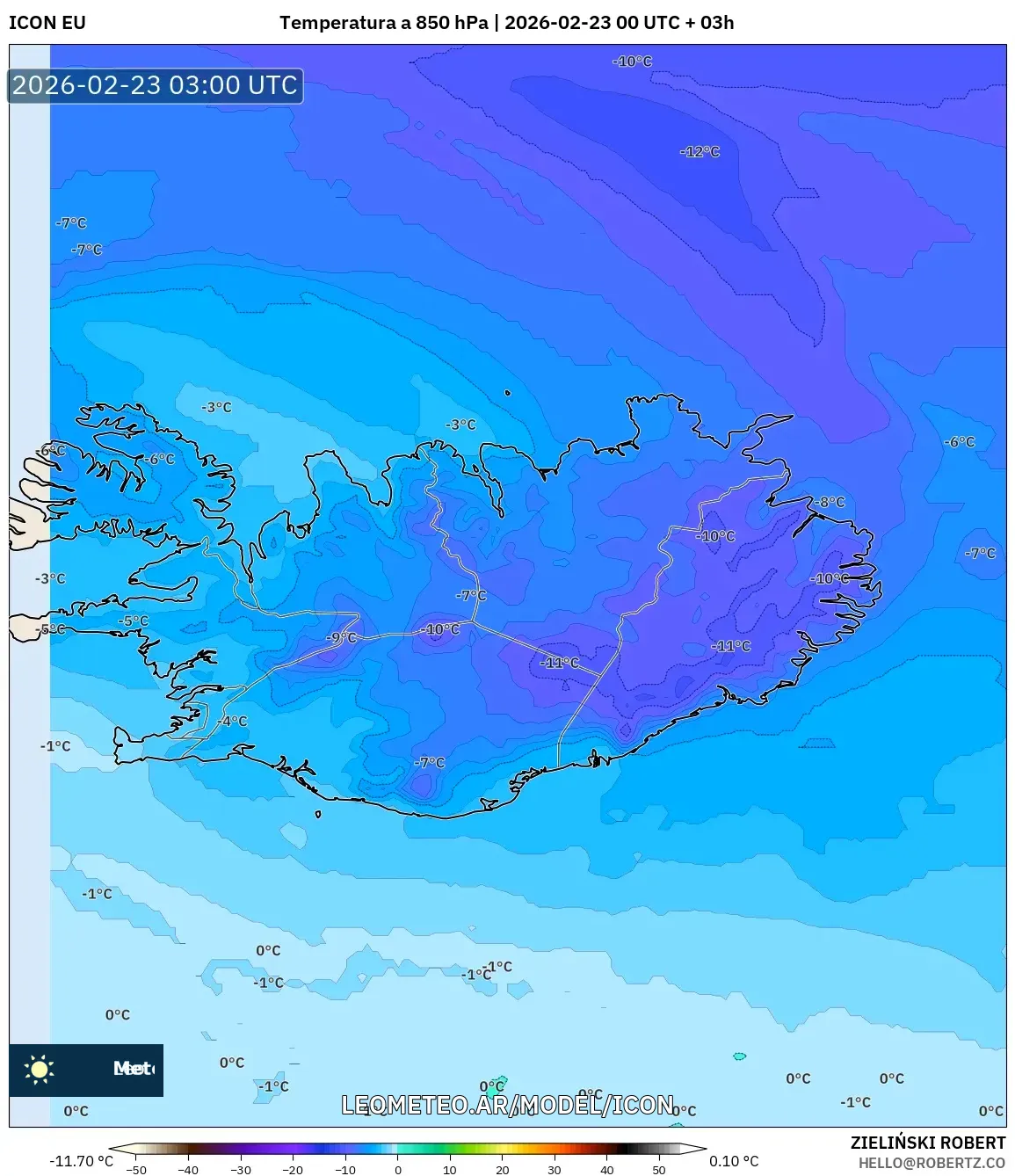 ICON model - Islandia, Temperatura na 850 hPa