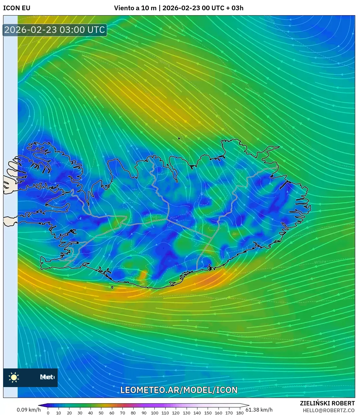 ICON model - Islandia, Wiatr na 10 m