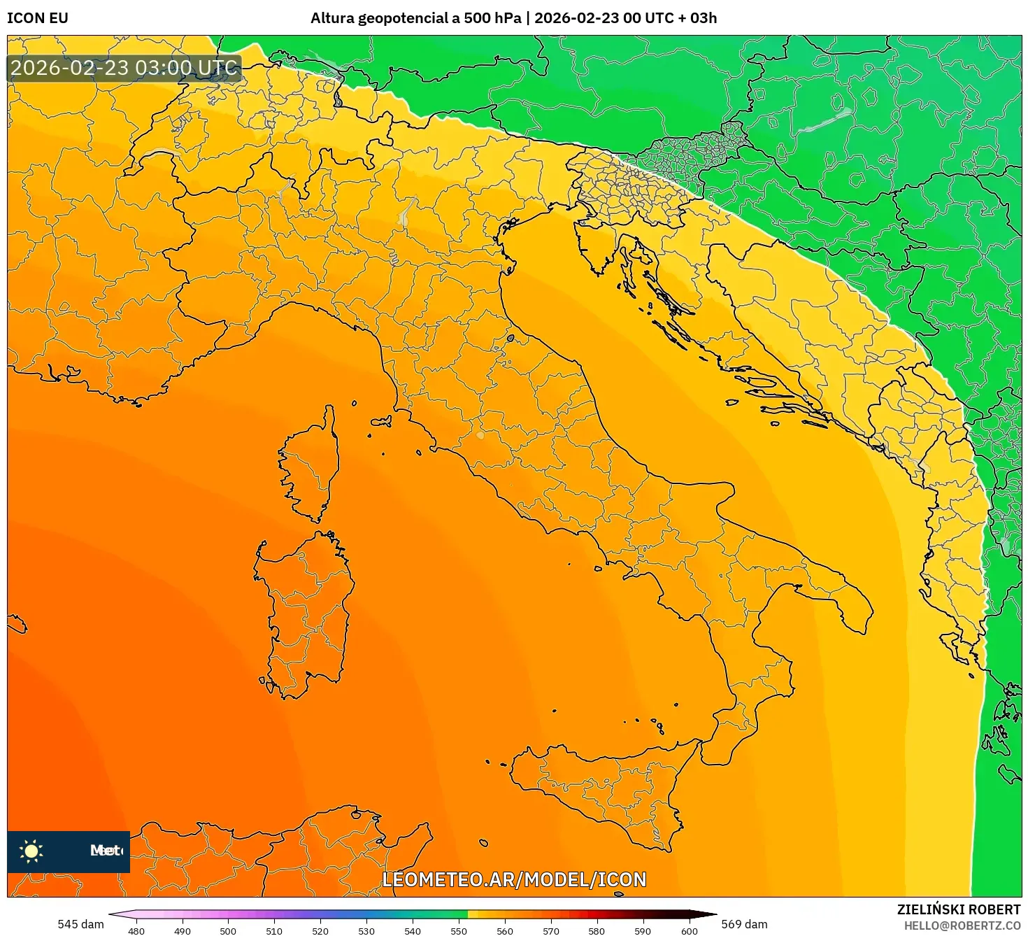 ICON model - Włochy, Wysokość geopotencjalna na poziomie 500 hPa