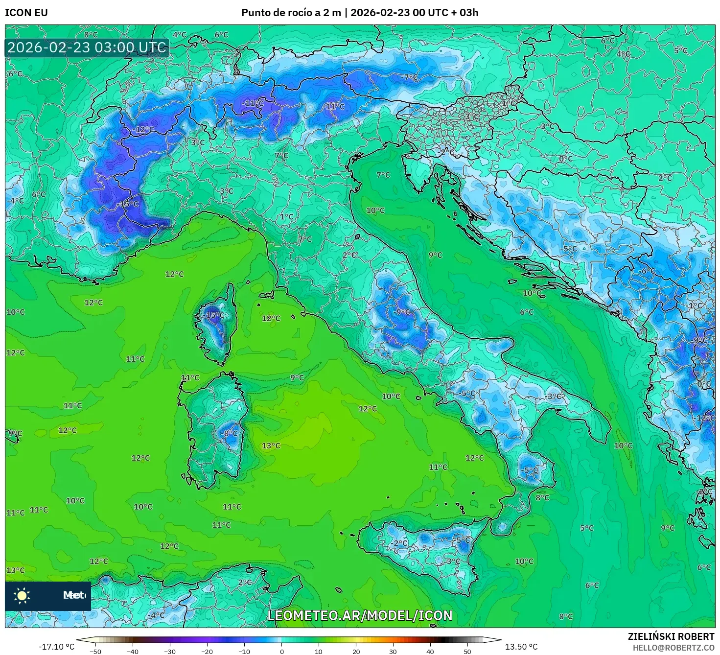 ICON model - Włochy, Punkt rosy na 2 m