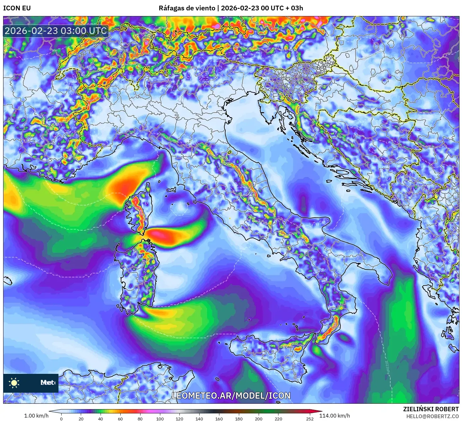 ICON model - Włochy, Porywy wiatru