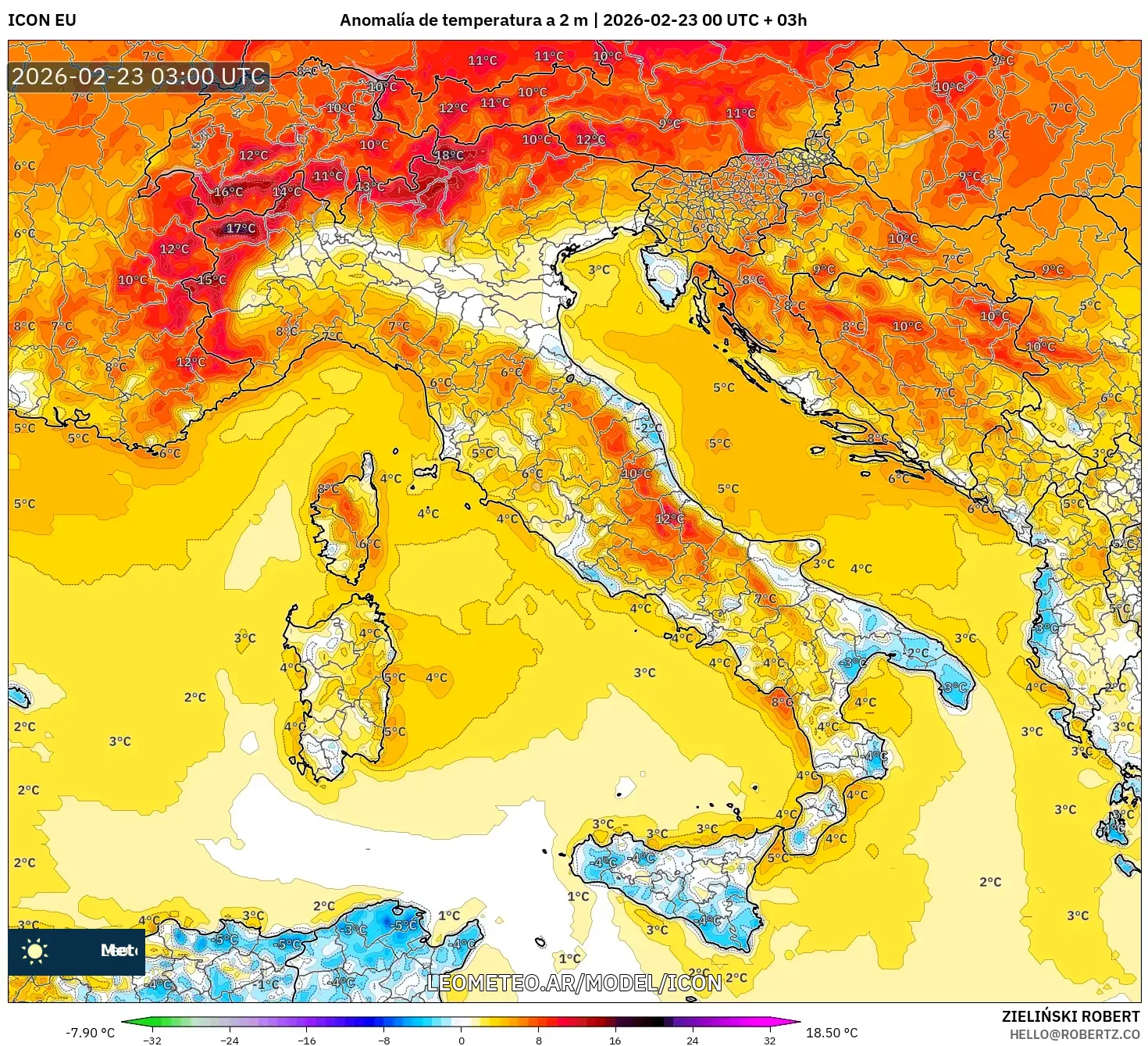 ICON model - Włochy, Anomalia temperatury na 2 m