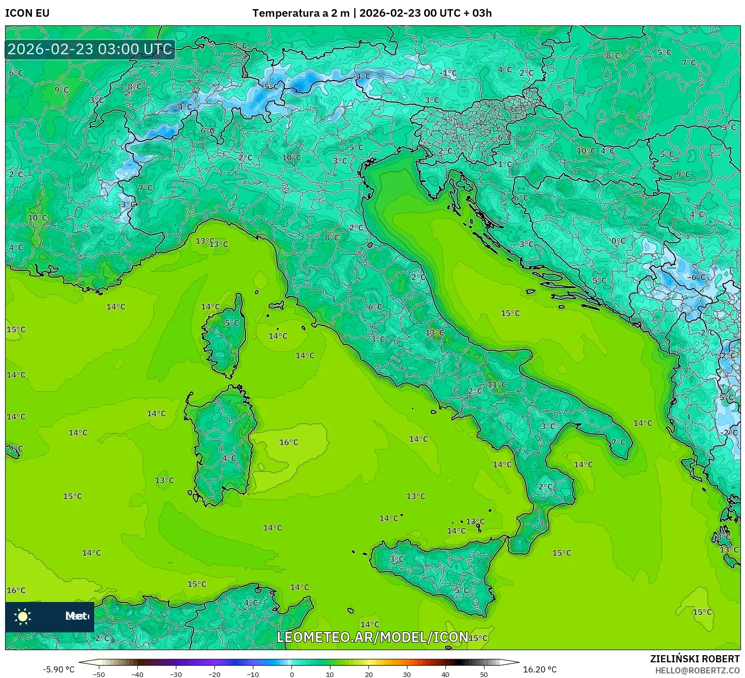 ICON model - Włochy, Temperatura na 2 m