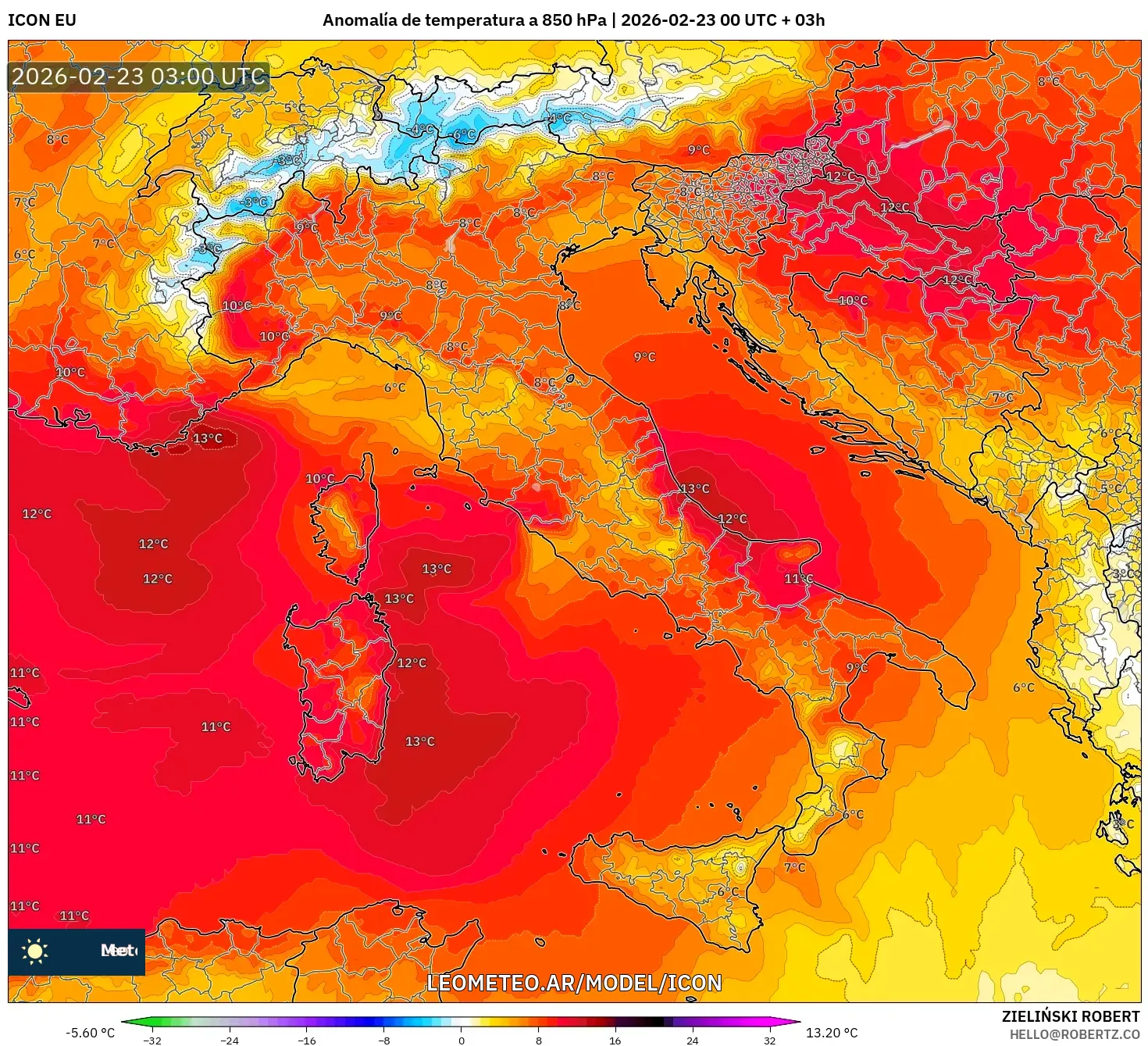 ICON model - Włochy, Anomalia temperatury na 850 hPa