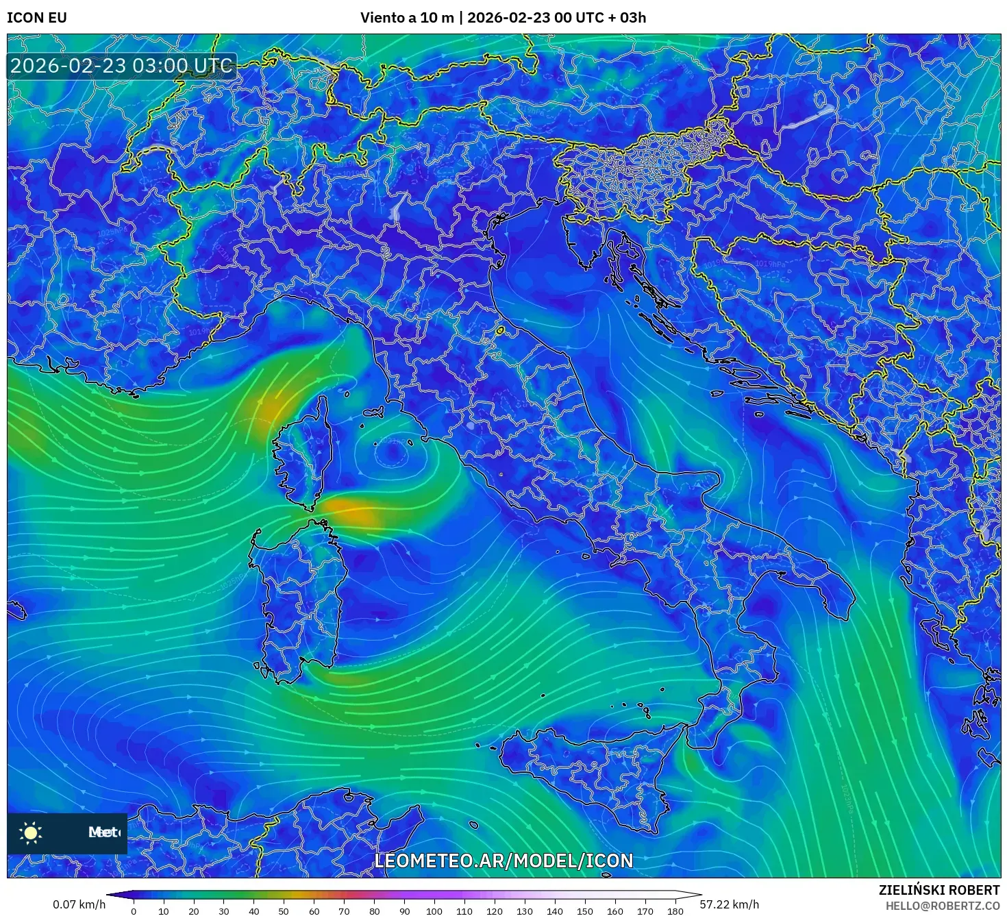 ICON model - Włochy, Wiatr na 10 m