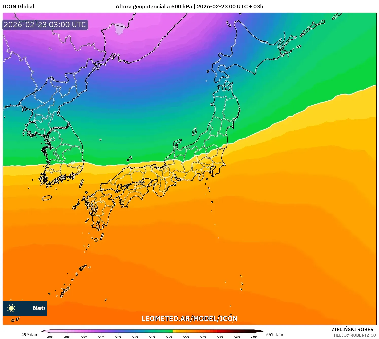 ICON model - Japonia, Wysokość geopotencjalna na poziomie 500 hPa