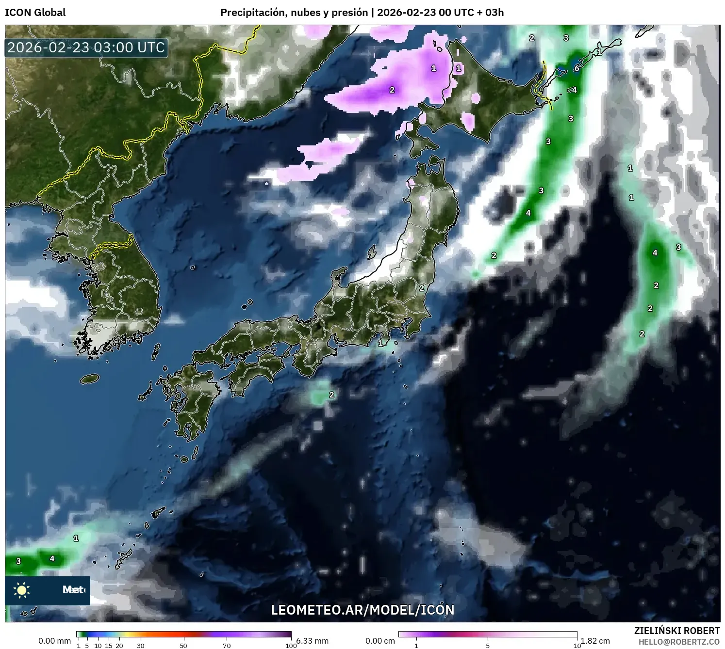 ICON model - Japonia, Opady, chmury i ciśnienie