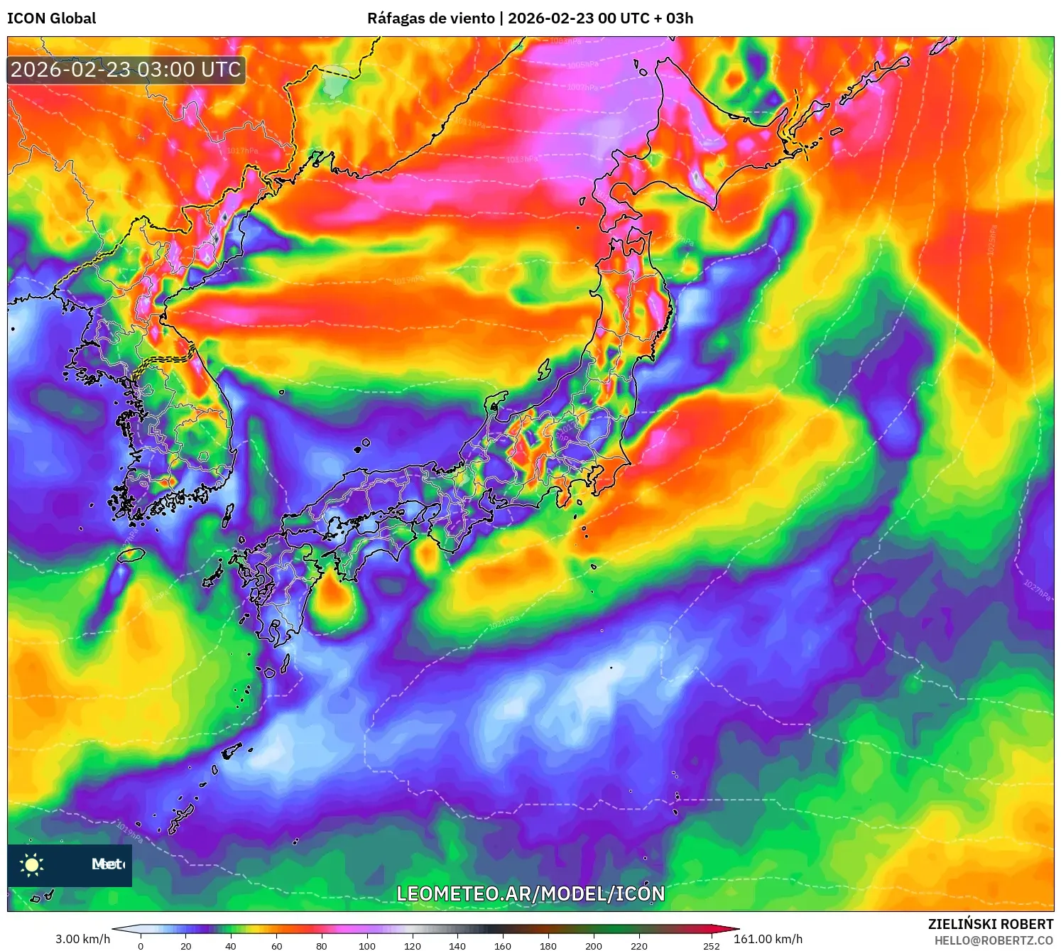 ICON model - Japonia, Porywy wiatru