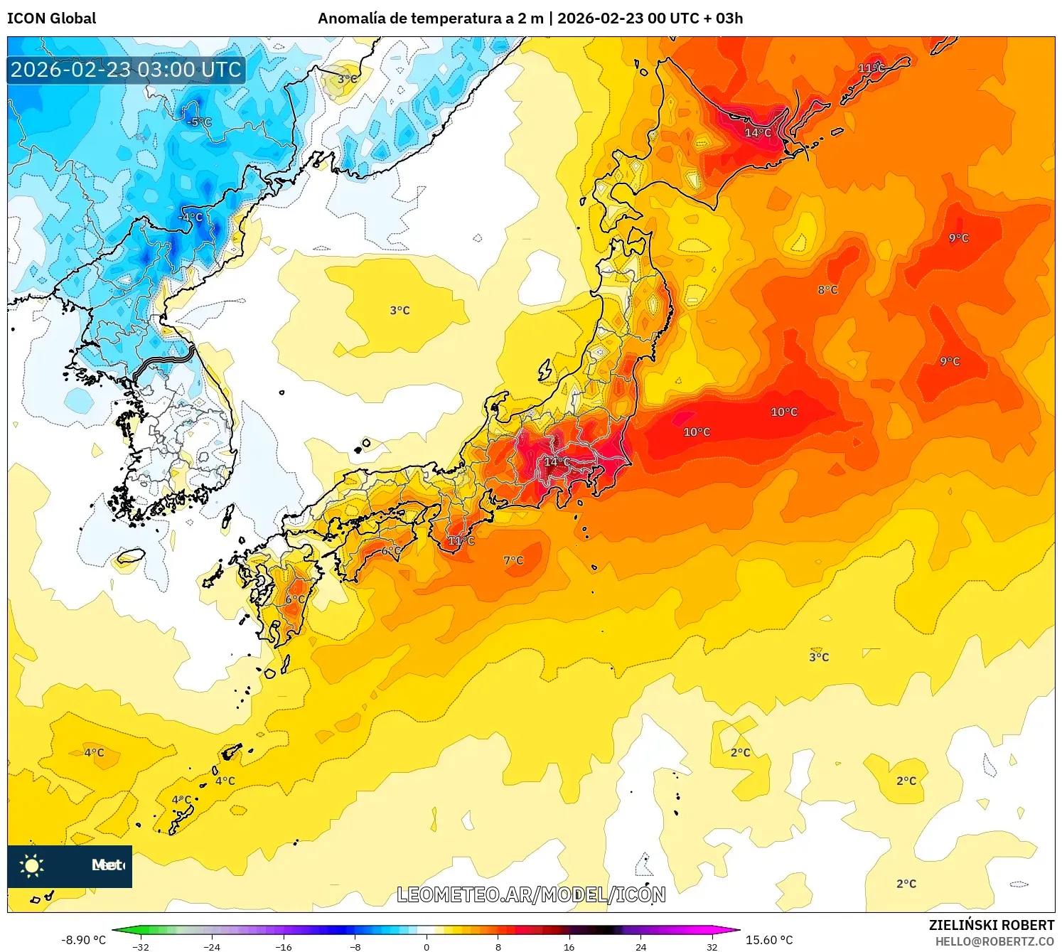 ICON model - Japonia, Anomalia temperatury na 2 m