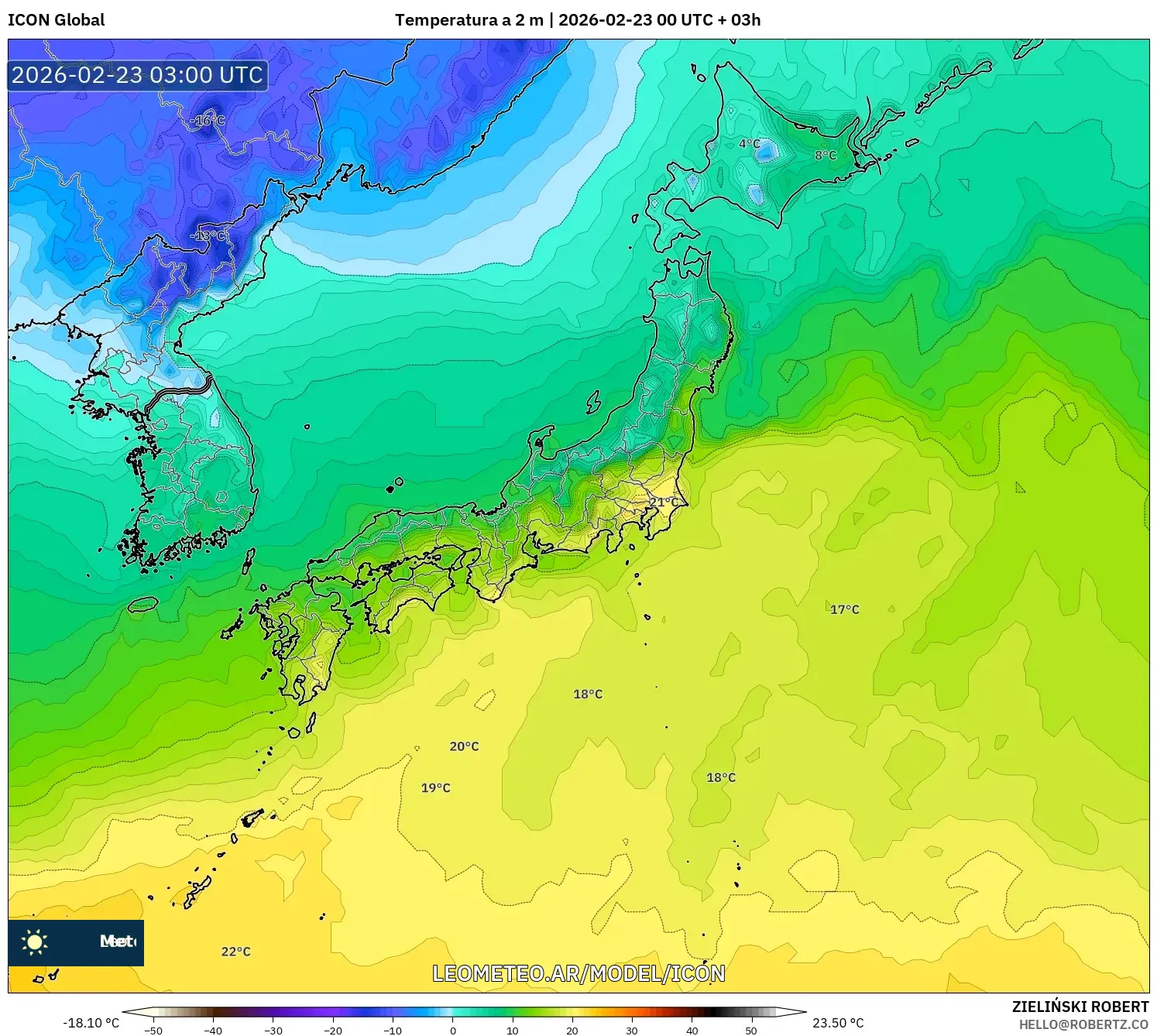 ICON model - Japonia, Temperatura na 2 m