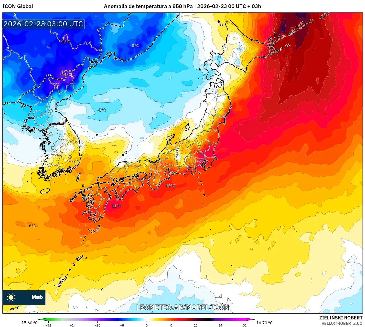 ICON model - Japonia, Anomalia temperatury na 850 hPa
