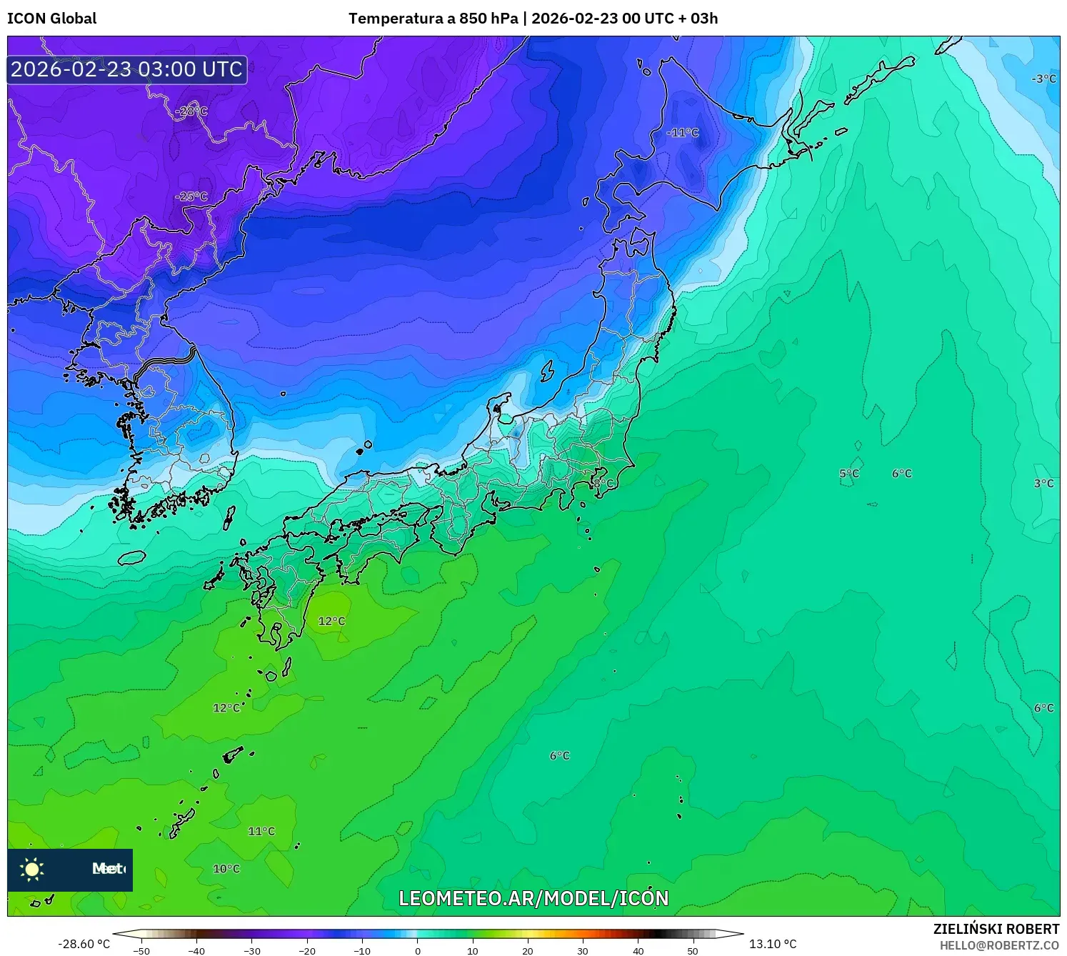 ICON model - Japonia, Temperatura na 850 hPa