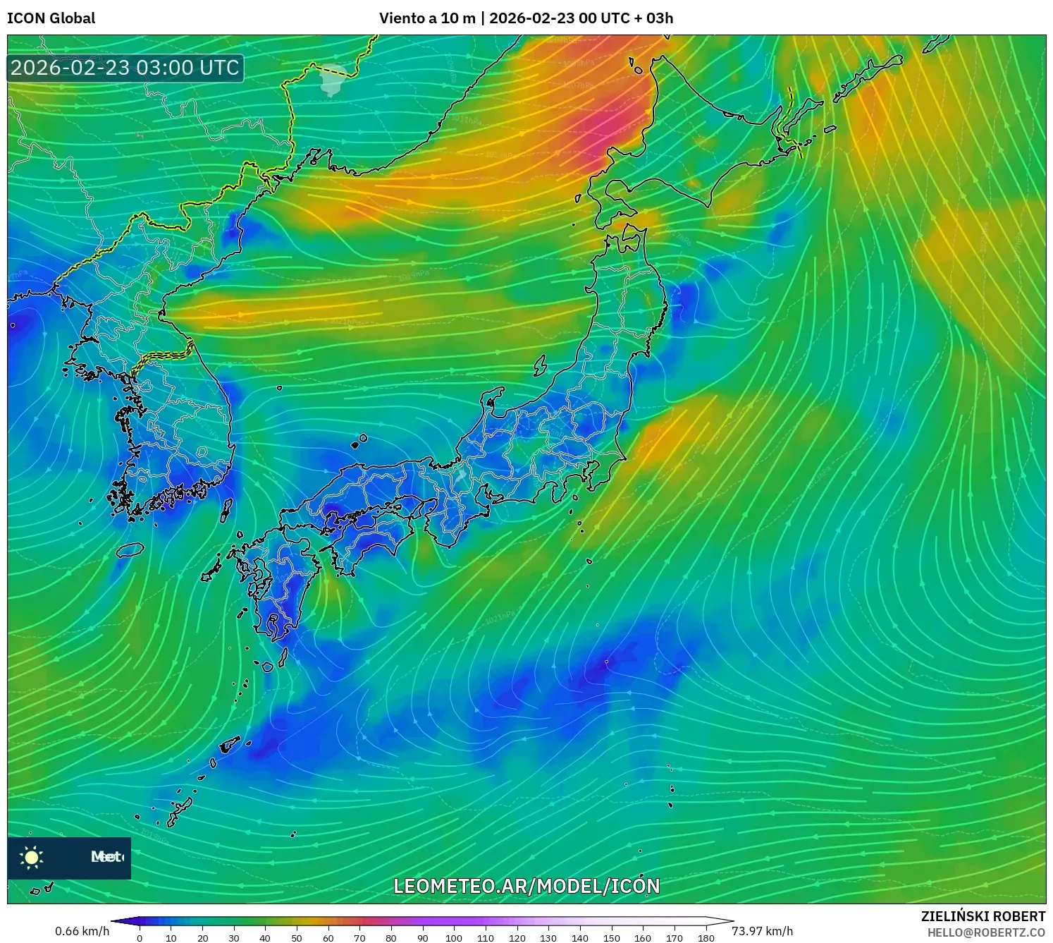 ICON model - Japonia, Wiatr na 10 m
