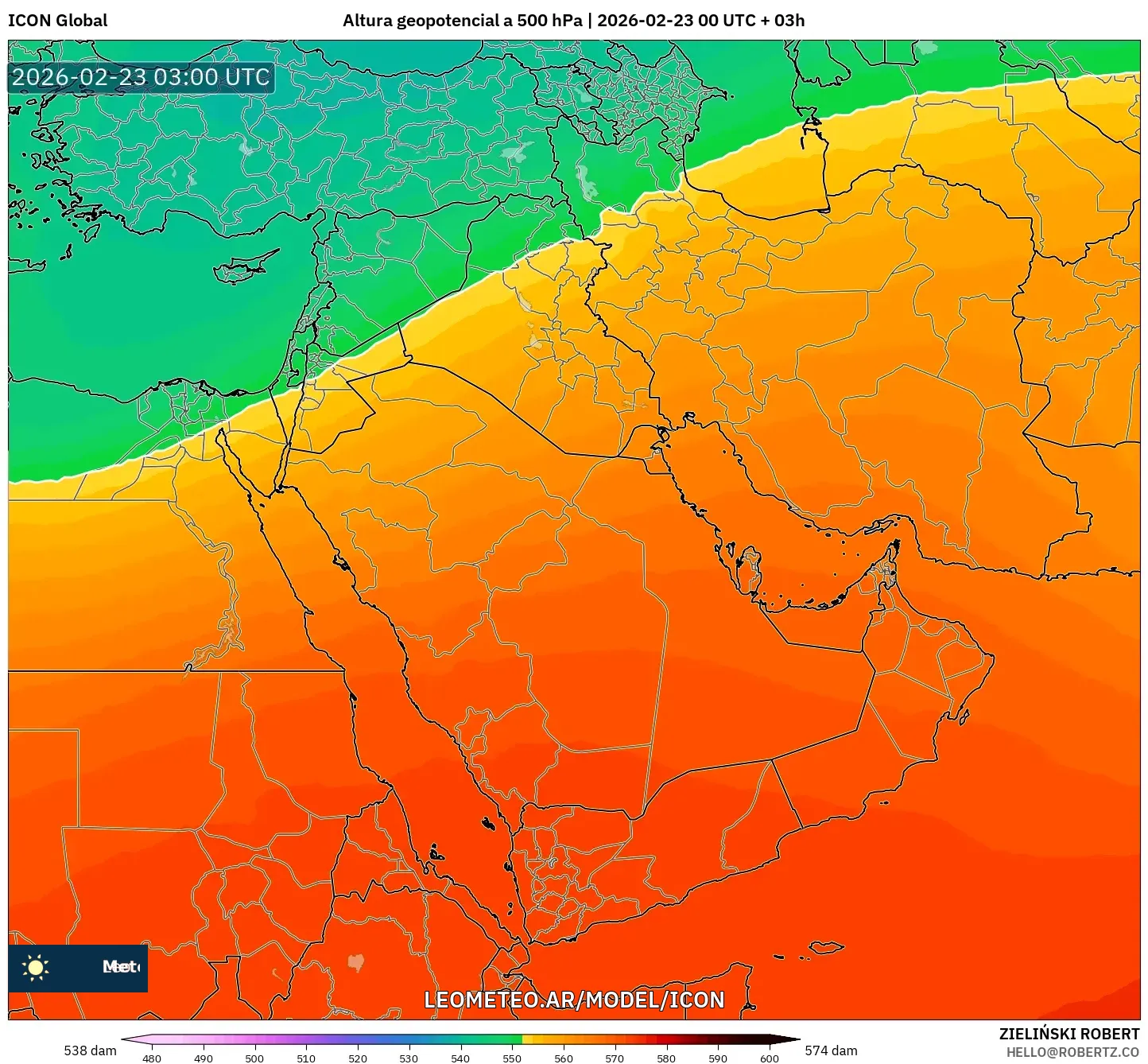 ICON model - Bliski Wschód, Wysokość geopotencjalna na poziomie 500 hPa