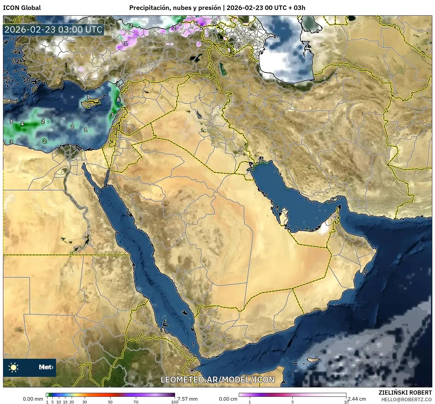 ICON model - Bliski Wschód, Opady, chmury i ciśnienie