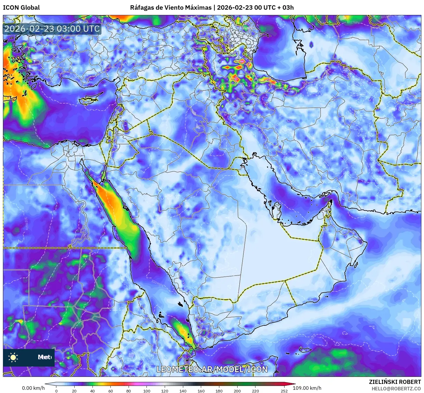 ICON model - Bliski Wschód, Maksymalne Porywy Wiatru