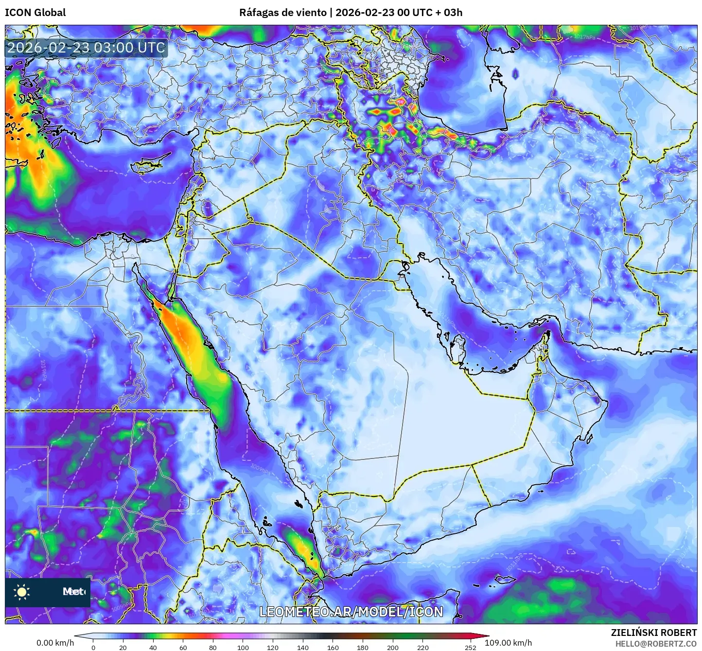 ICON model - Bliski Wschód, Porywy wiatru