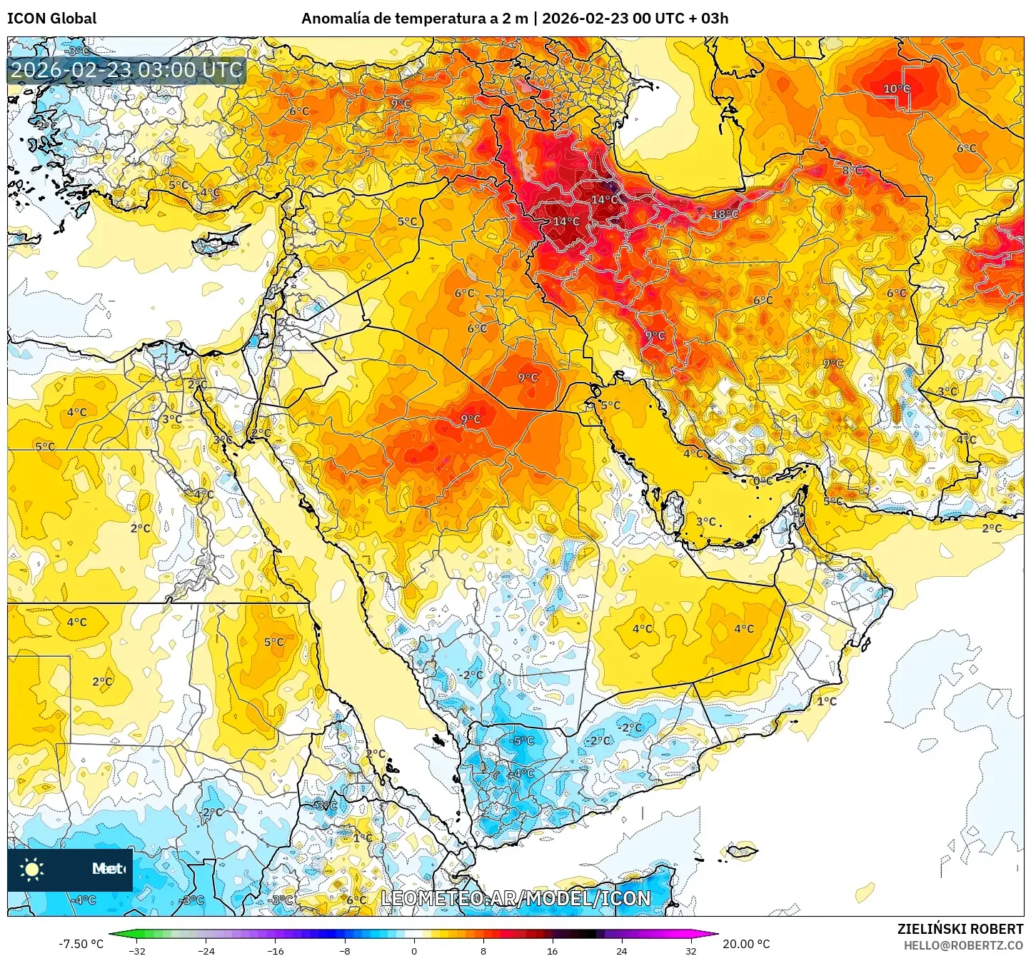 ICON model - Bliski Wschód, Anomalia temperatury na 2 m
