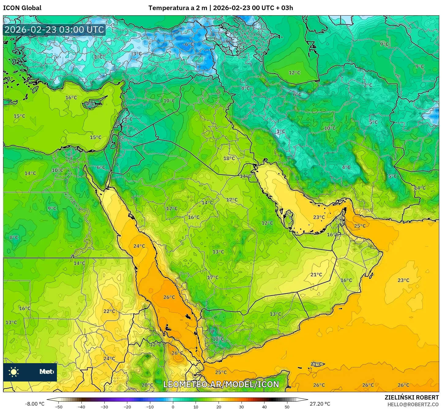 ICON model - Bliski Wschód, Temperatura na 2 m