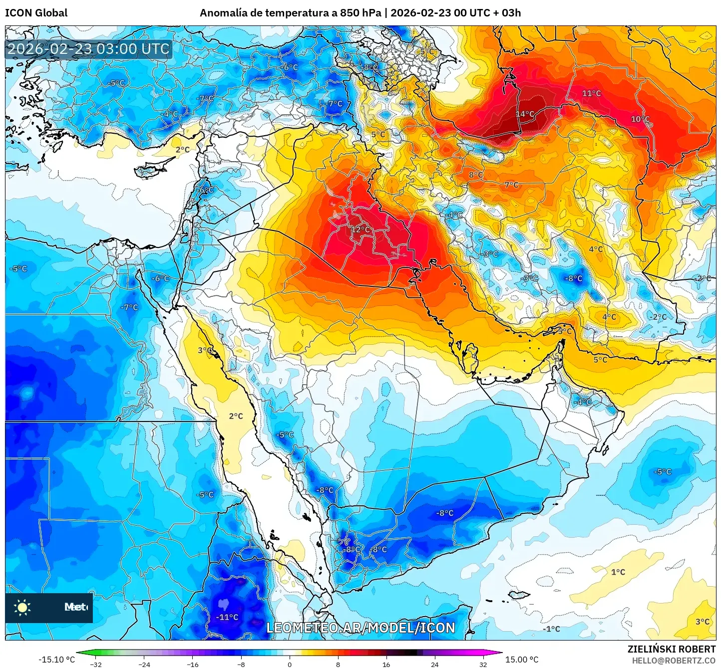 ICON model - Bliski Wschód, Anomalia temperatury na 850 hPa